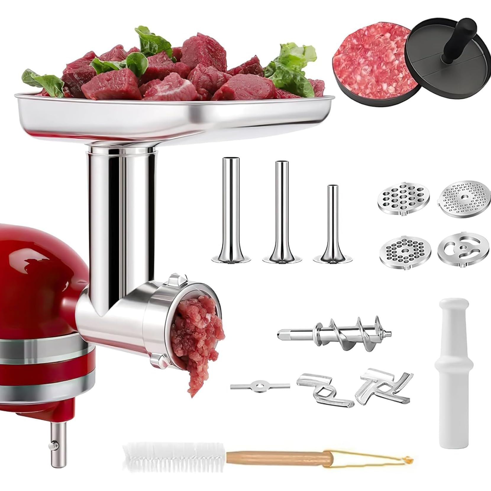 Accesorio Picadora de Carne para Batidora de pie KitchenAid | Accesorio Picadora de Carne de Acero Inoxidable, Incluye Embutidora, Cepillo de Limpieza y Juego de Cortador y Rallador