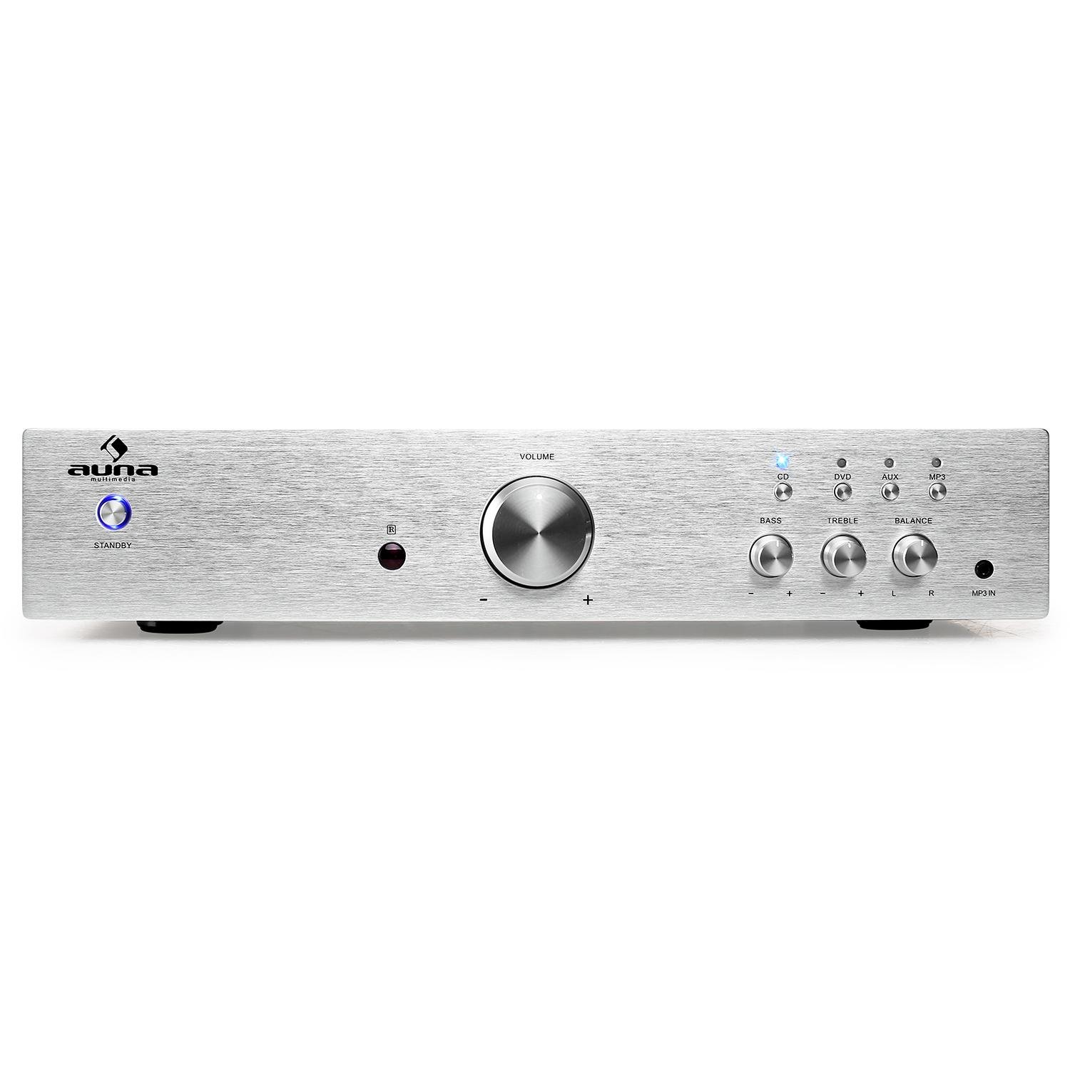 AUNA "Elegance Tower 2.0 - Set HiFi Stereo avec Platine Lecteur CD de Salon et ampli HiFi 2 canaux (Lecteur CD Compatible MP3, Port USB, Sorties analogiques et numériques) - Argent