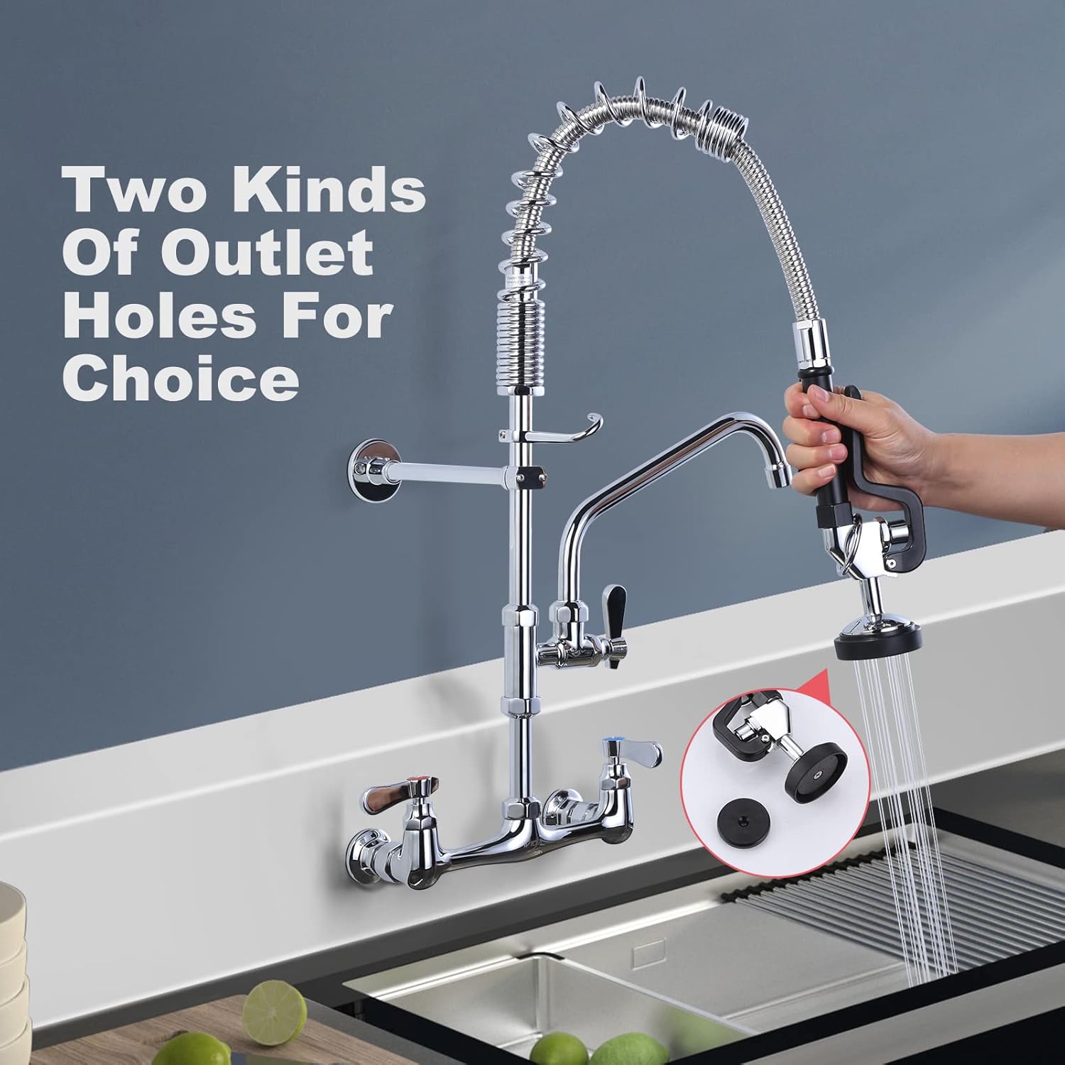 25" Commercial Kitchen Faucet Wall Mount with Pre-Rinse Sprayer & 2PCS Installation Kit Replacement 1/2" NPT, Back Splash Mount Set