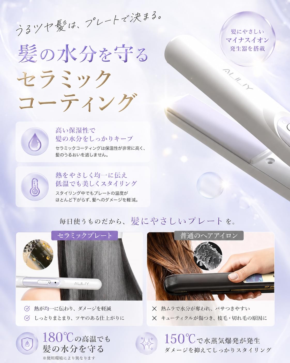 Amazon | Aliliy ヘアアイロン ミニ 持ち運び便利 180g超軽量 180℃プロ