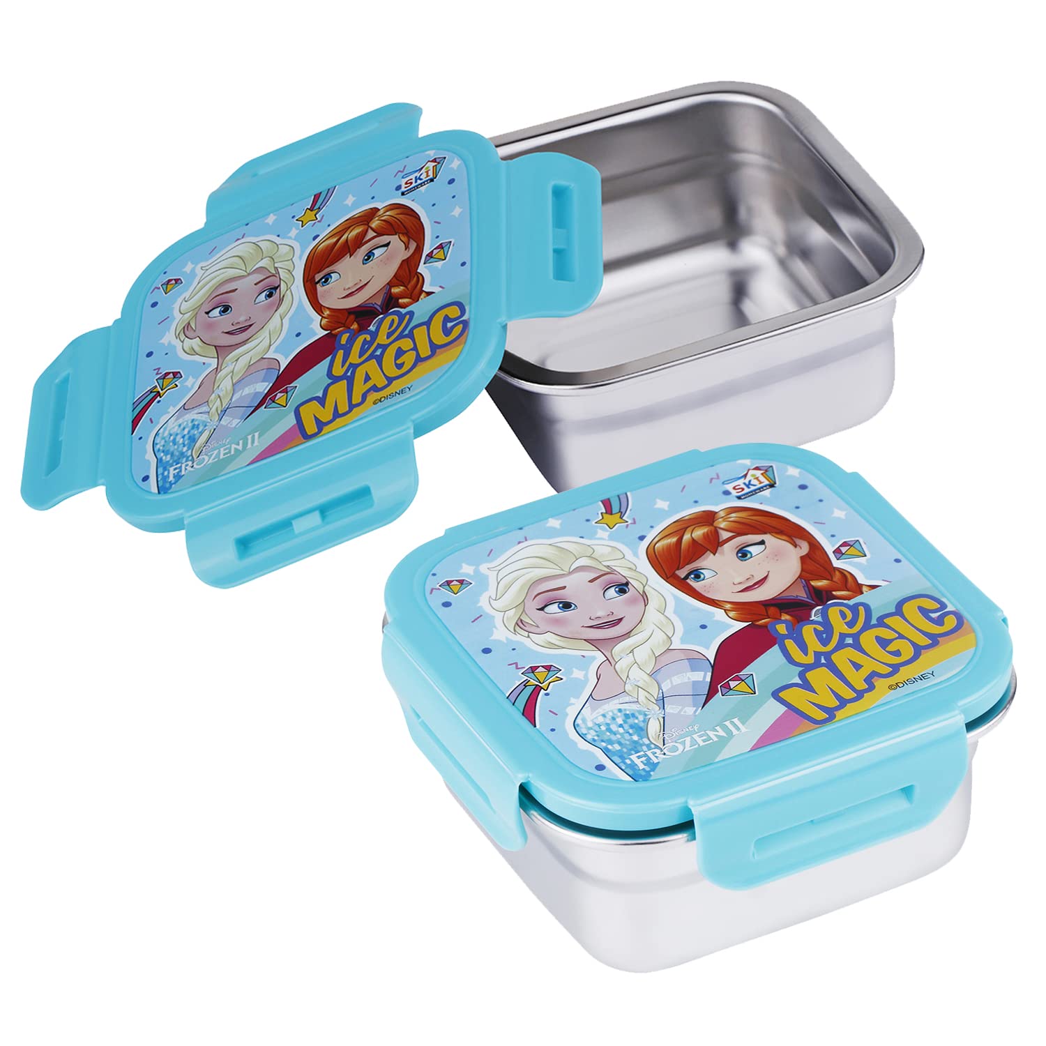 SKi Homeware Carnival Small Steel Lunch Box 1 Container Lunch Box 400ml (Set of 2) (Frozen Green Ice Magic)