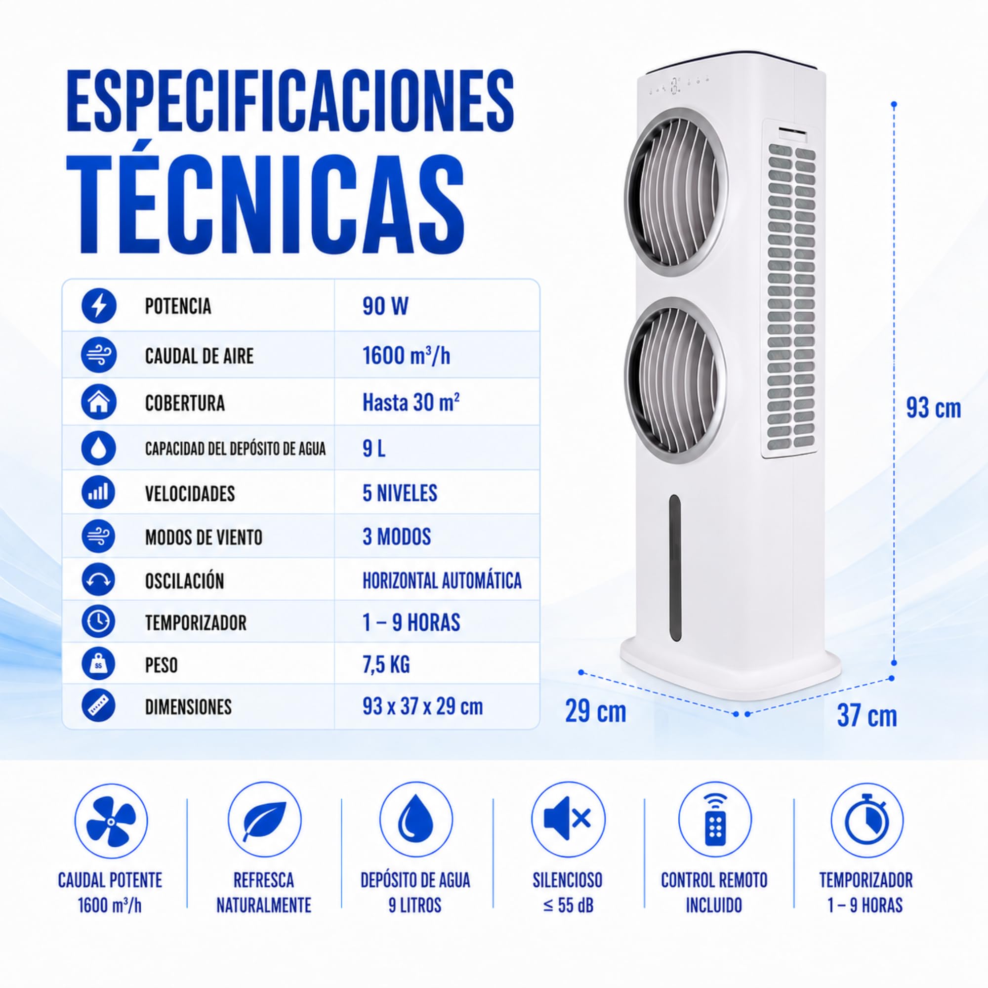 Climatizador Evaporativo VONALA SMALL-DUO – Enfriador de Aire Portátil con Doble Ventilador, Depósito 9L, 5 Velocidades, Mando a Distancia, 90W, Portátil