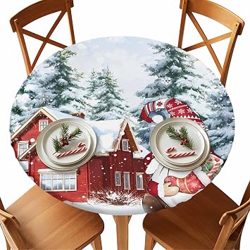 Round Fitted Tablecloth with Elastic Edge 45"-54",Xmas Gnome Pine Tree Farmhouse Waterproof Oil-Proof Table Cover Tablecloths for Indoor Outdoor Party Picnic Banquet,Christmas Socks Winter Snow