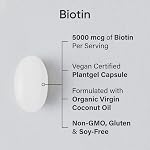 Sports Research® Biotin 5,000mcg w/huile de coco, 120 Count PlantgelsTM-Extra Strength Vegan Biotine (Vitamine B7) pour une peau et des cheveux en santé Support & Sans soja, 120 Services