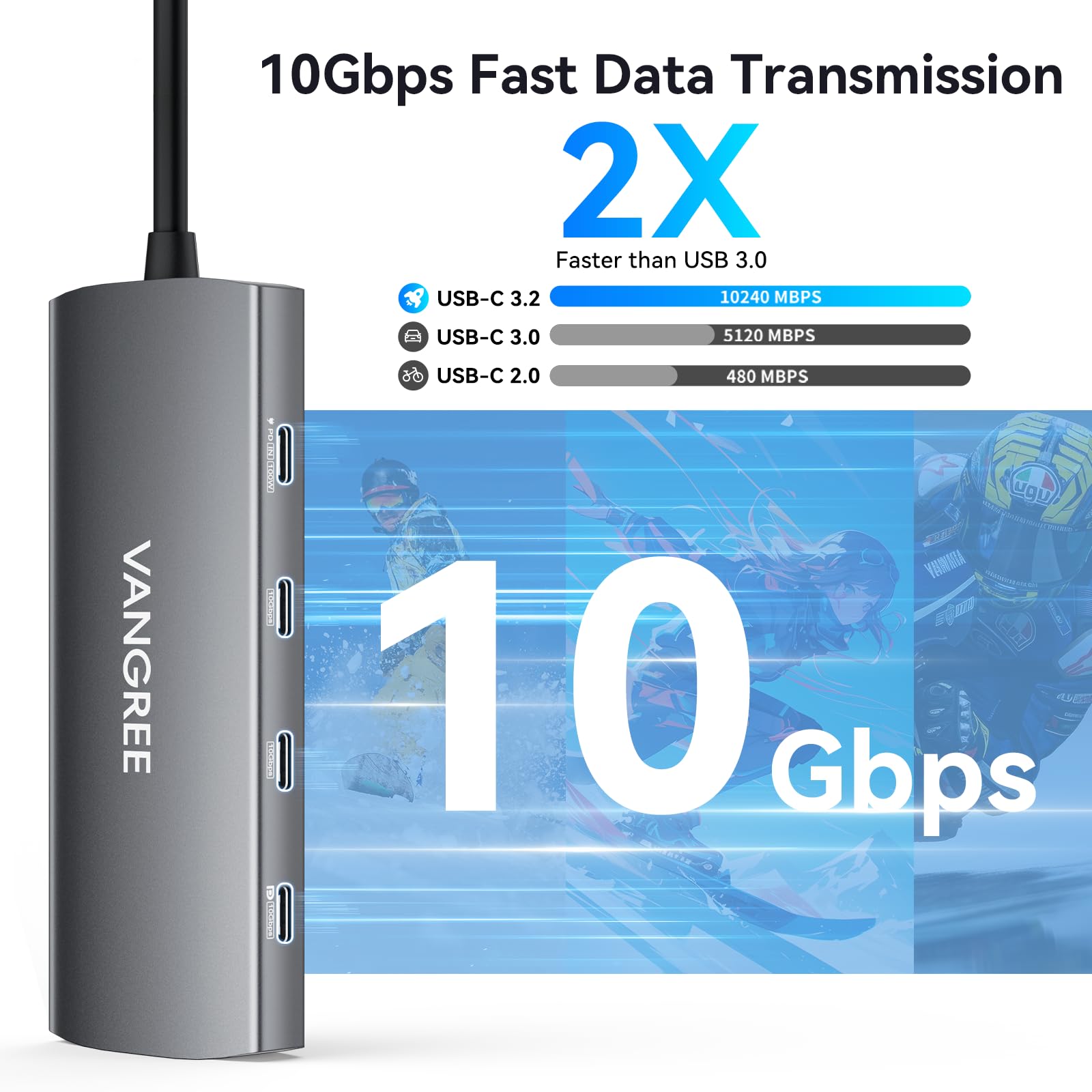 VANGREE 9-en-1 USB C Hub 10Gbps, 4K@60Hz USB-C Display, 100W PD | 3x USB-C & 2x USB-A 3.2, 4K@60Hz HDMI, SD/TF, SST & MST, pour MacBook, iPad, Dell, Surface, Samsung DEX