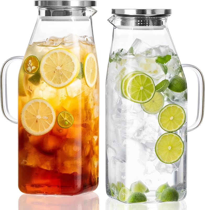 68 oz Glass Pitcher with Lid, Water Pitcher for Tea, Juice, Drink, Lemonade | Heat-Resistant, Ergonomic Handle, Stainless Steel lid, BPA-Free, Fridge Safe, Dual-Pour Design, Fridge Safe, Easy to Clean