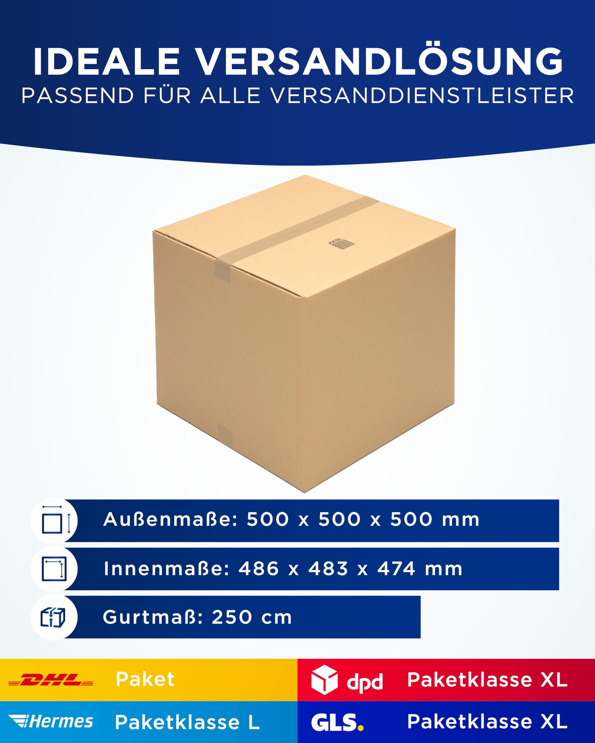 KK Verpackungen Versandkartons 500 x 500 x 500 mm Braun 2-wellig (Innenmaß 486 x 483 x 474 mm) | 10 Stück, Faltkartons Kartons für Versand als DHL Paket Hermes Paketklasse L DPD GLS Paketklasse XL