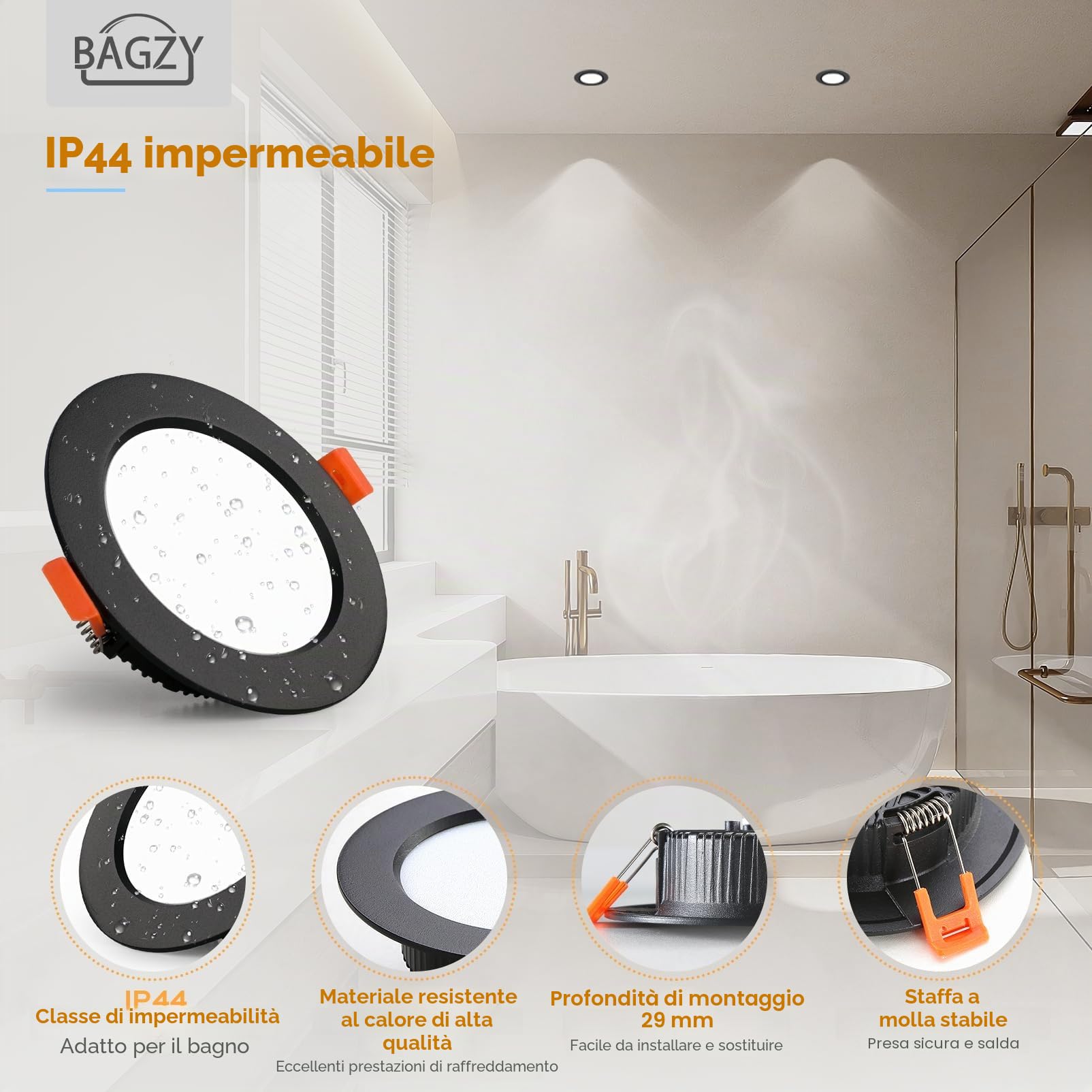 BAGZY 10 Faretti Led da Incasso Nero, 7W 700 Lumen,Luci Ultrasottili da Soffitto e per l’illuminazione da Interno,Bianco Naturale 4000K,foro incasso Ø80-90mm,AC 220-240V,per Camera da Letto Bagno