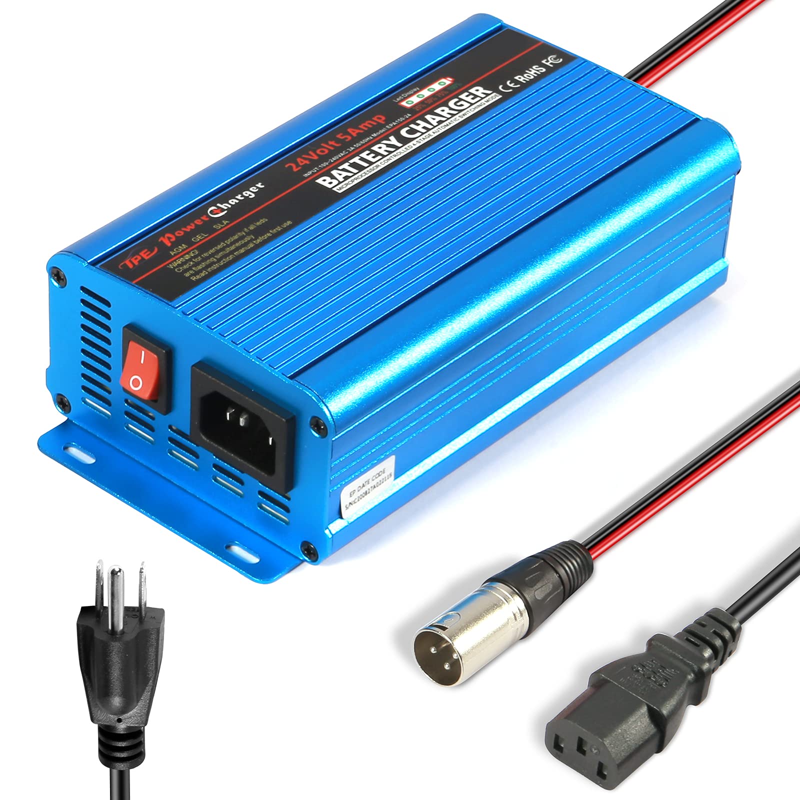 24V 5Amp Smart Automatic Battery Charger, Portable Battery Maintainer with XLR Connector for Car Boat Lawn Mower Marine Scooter Wheelchair Motorcycle eBike