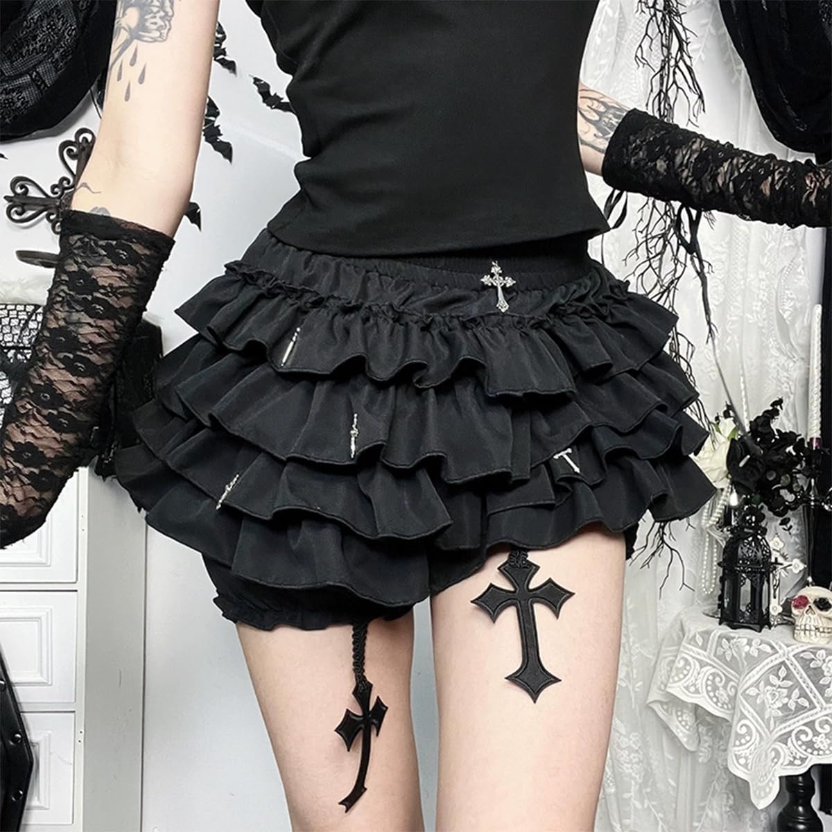 Harajuku Gothic Mini Skirts for Women Y2K High Waisted Vintage Casual Cake Skirt with Shorts Underneath - Image 4