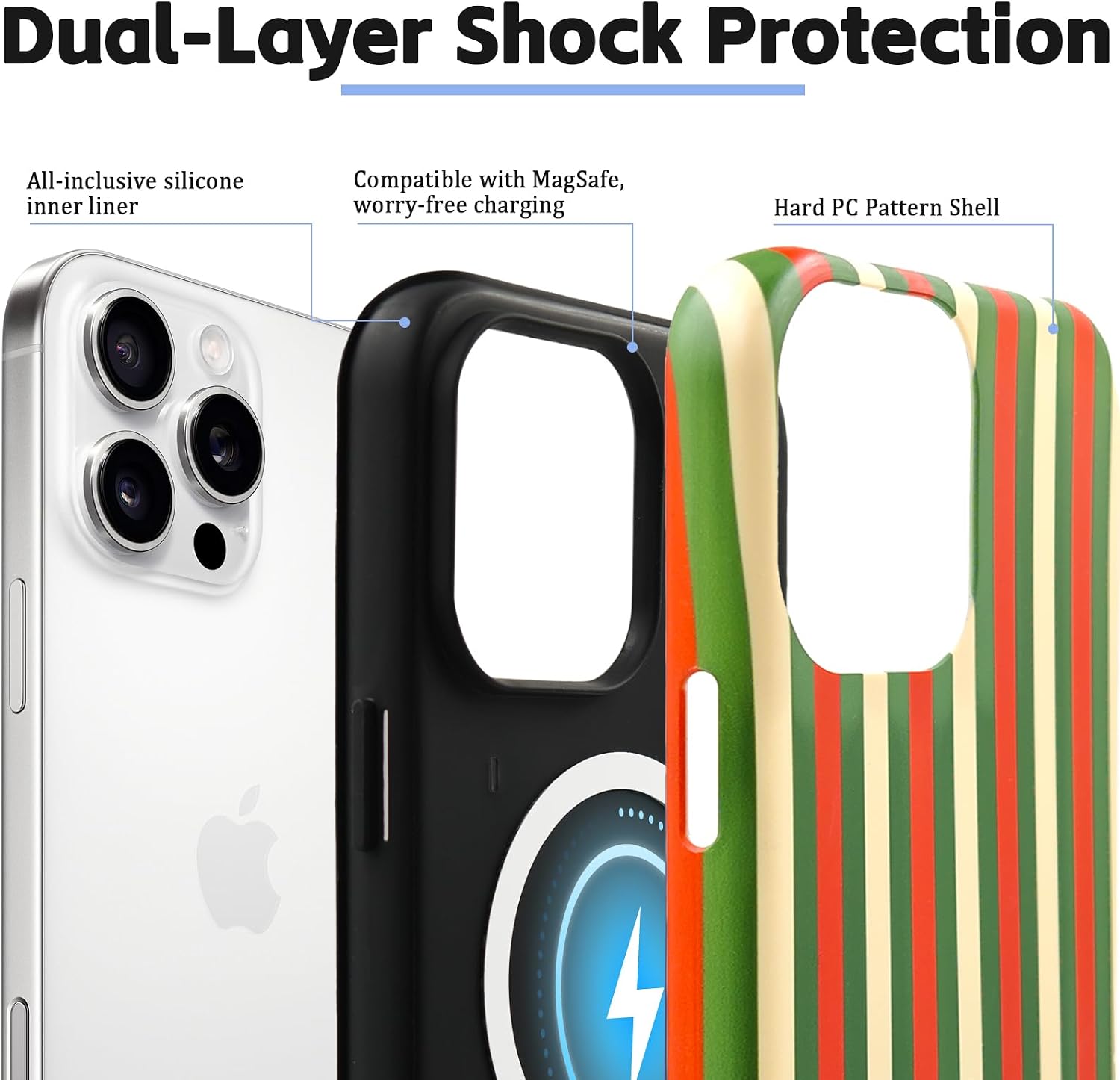 Magnetic Striped Phone Case for iPhone 15, Red and Green image 2