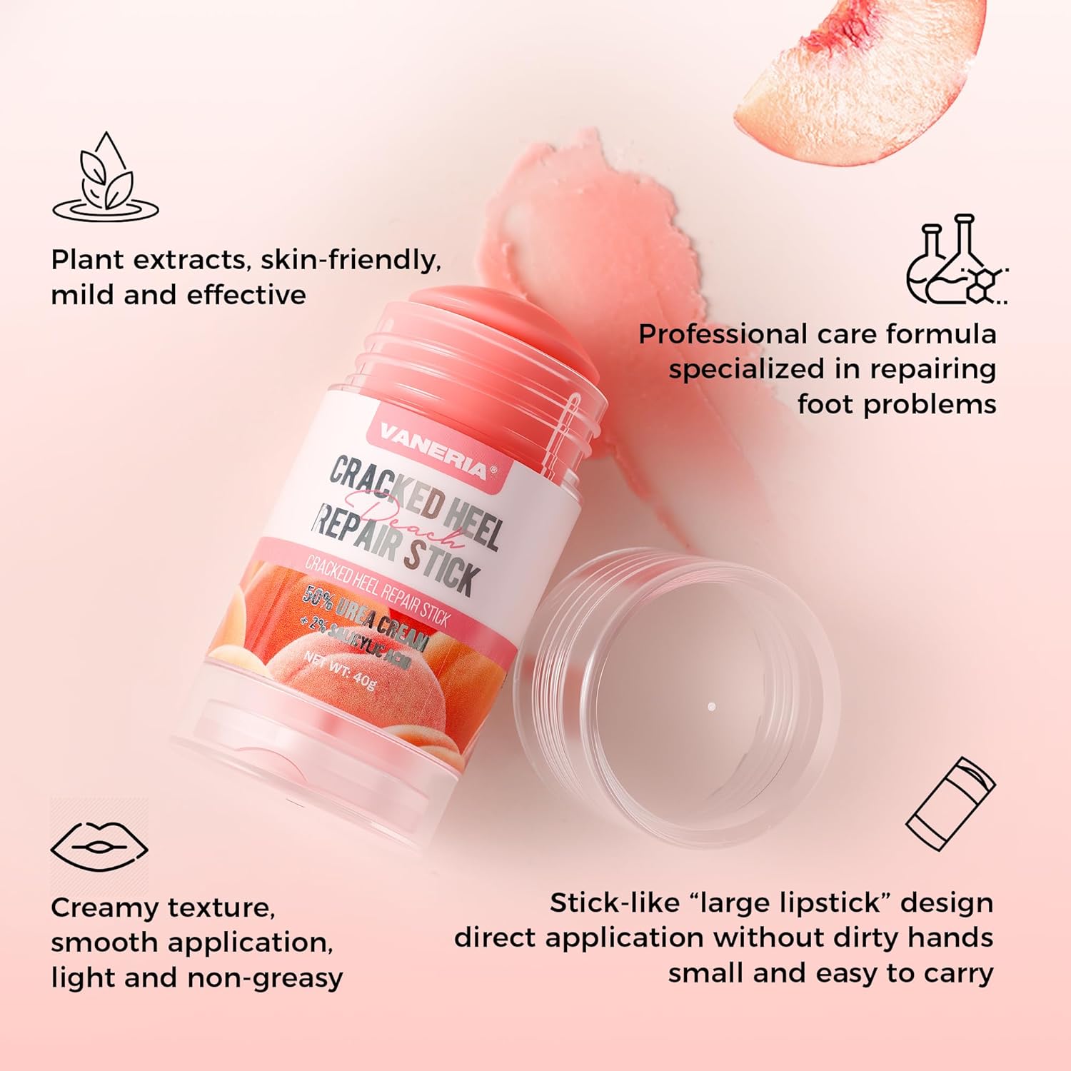 VANERIA Cracked Heel Repair Stick,Heel Balm for Dry Cracked Feet Treatment with Shea Butter & Coconut Oil,Deeply Moisturize & Soften Feet,Exfoliates Dead Skin 40g(Peach Scent) - Image 5