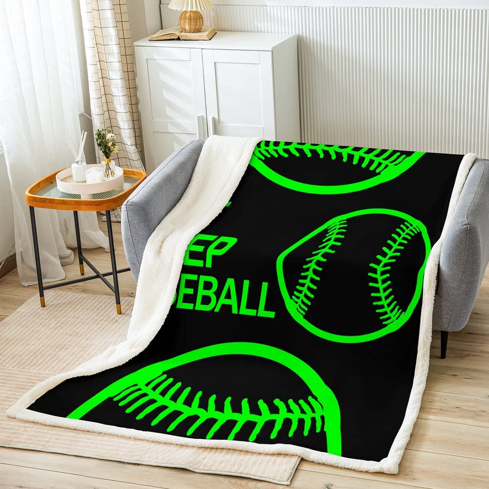 Coperta in pile da baseball per gioco sportivo verde neon coperta di peluche decorativa da baseball Gaming Sherpa coperta regalo per gli amanti del baseball calda coperta sfocata regina 200 x 220 cm