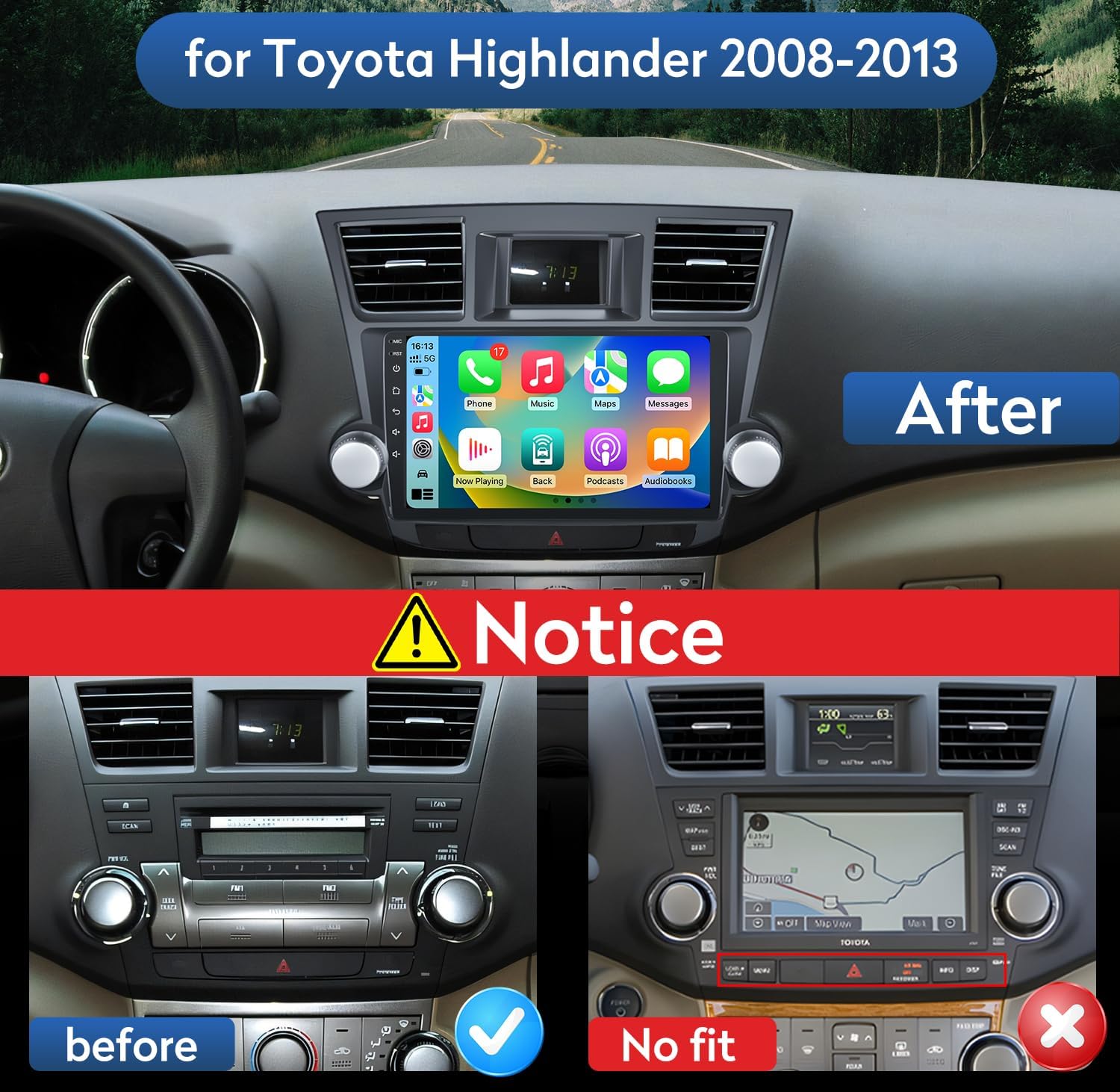 Image showing the car dashboard before and after installation of the Jingelsye car radio, highlighting the perfect fit for Toyota Highlander 2008-2013 models.