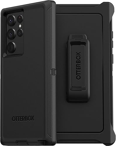 OtterBox Funda para Galaxy S22 Ultra Defender Series, color negro, resistente y duradero, con protección de puerto, incluye soporte de clip para