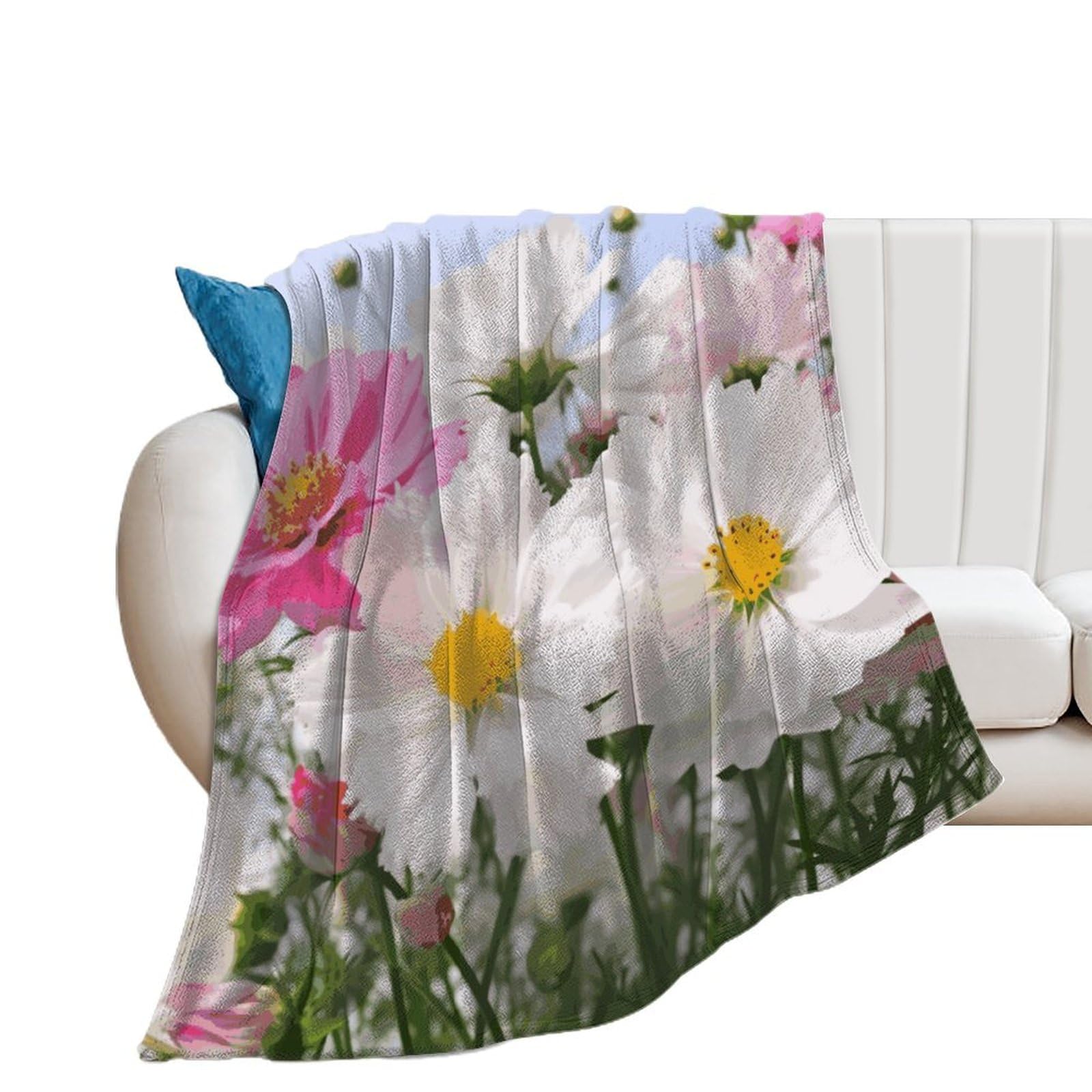 Couverture extra large en flanelle motif fleurs roses et blanches pour lit et canapé