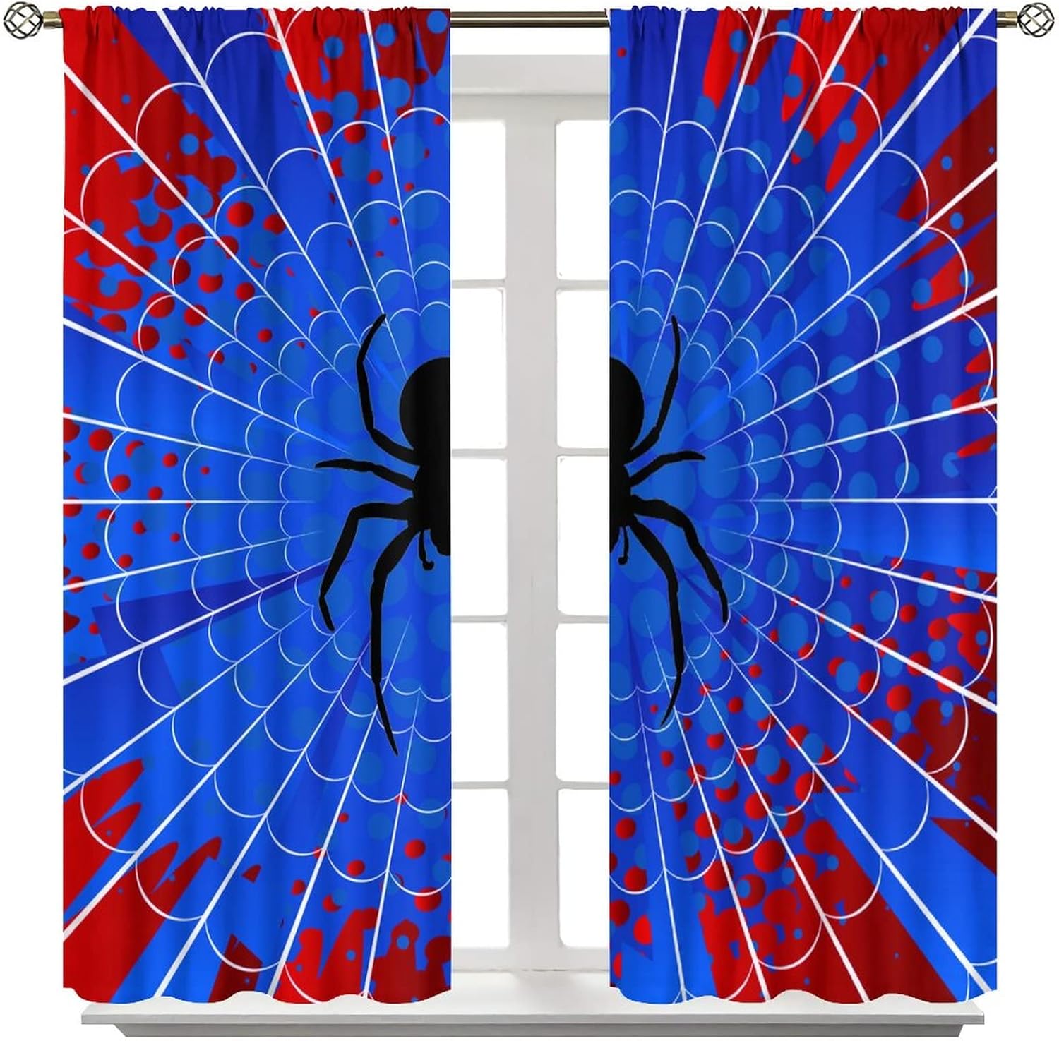 Superhero Spider Web Curtains,Blue Red Window Treatments for Kids Boy Bedroom Office Study Halloween Theme Spider Print Polyester Fabric Window Drapes 2 Panel Set Total Size 42 x 63 Inch