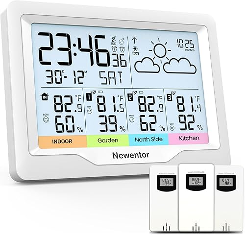 Newentor Estaciones meteorológicas inalámbricas para interiores y exteriores, múltiples sensores, termómetro para interiores y exteriores con reloj