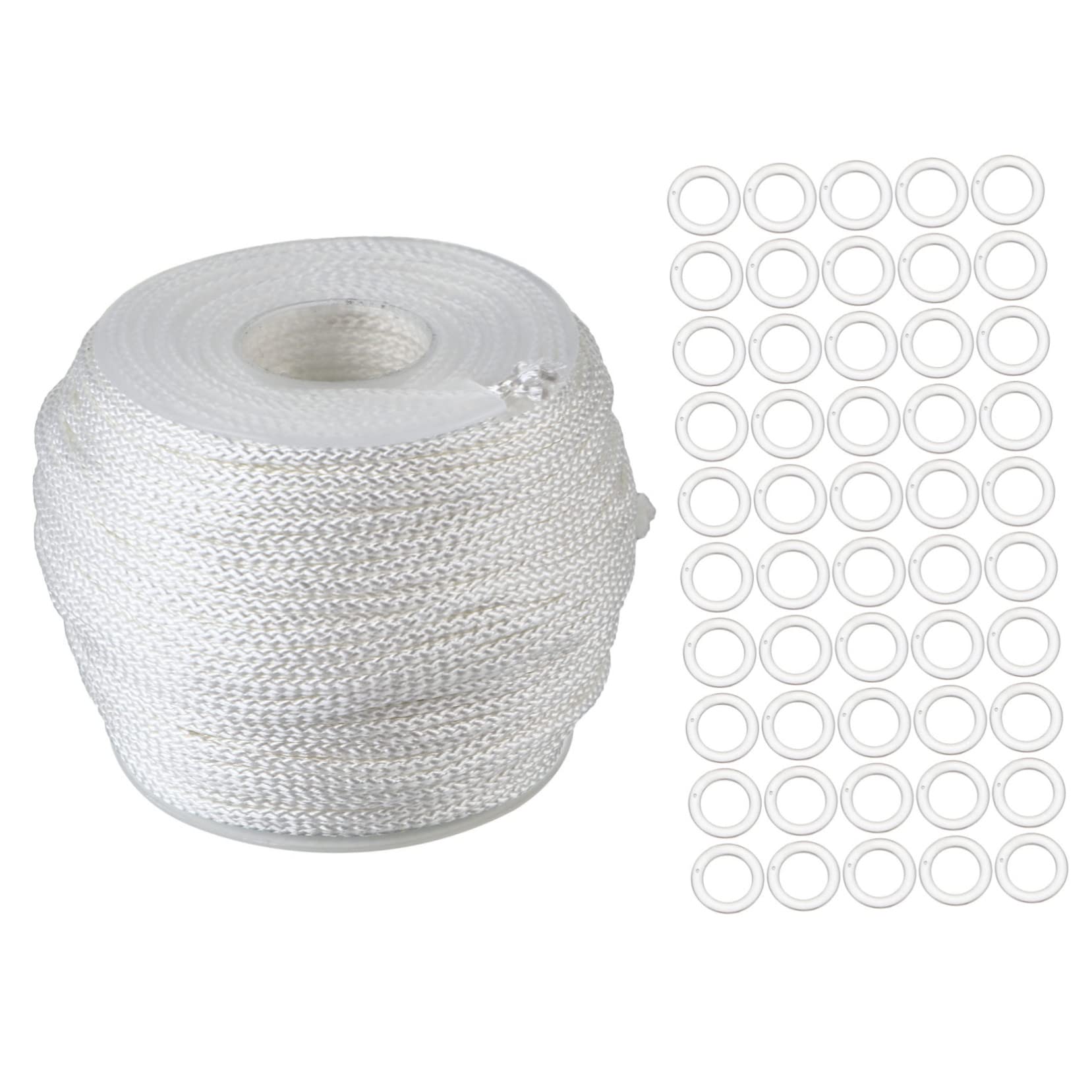 Kit Corde Blanche Pour Rideaux Avec Anneaux En Plastique - 50 Mètres De Corde Et Crochets - Pour Stores Romains Et Tringles - 12