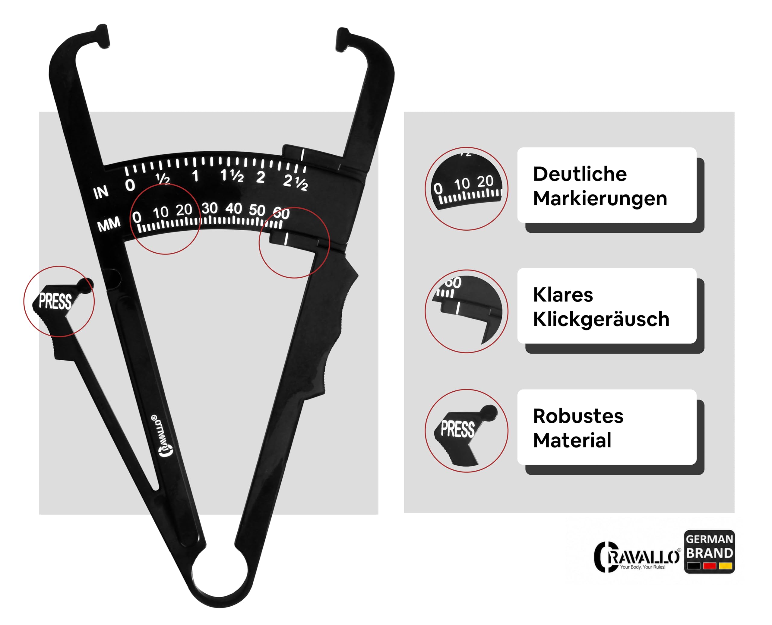 Caliper I Körperfettmessgerät I Fettmesszange I Fettzange I Fettmesszange I KfA-Zange I Body Fat Measure I Unkompliziert und mit Video Anleitung I Körperfettmesser zum messen von Körperfett