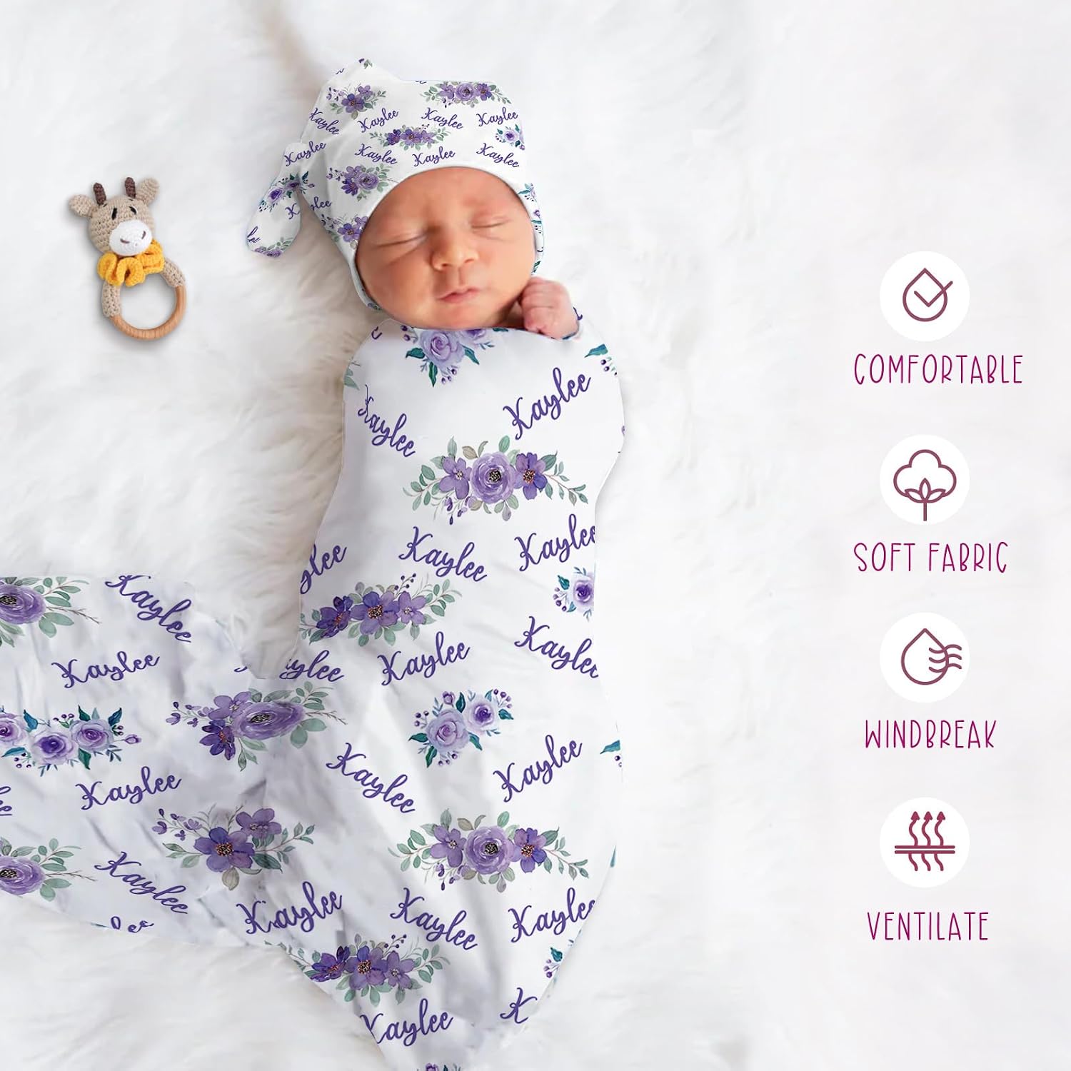 Custom Baby Swaddle Set - Muslin Swaddle Blanket Hat Headband for Infant Baby Girl Personalized Swaddle Blanket Newborn Gift Purple Flower(Fixed Size)