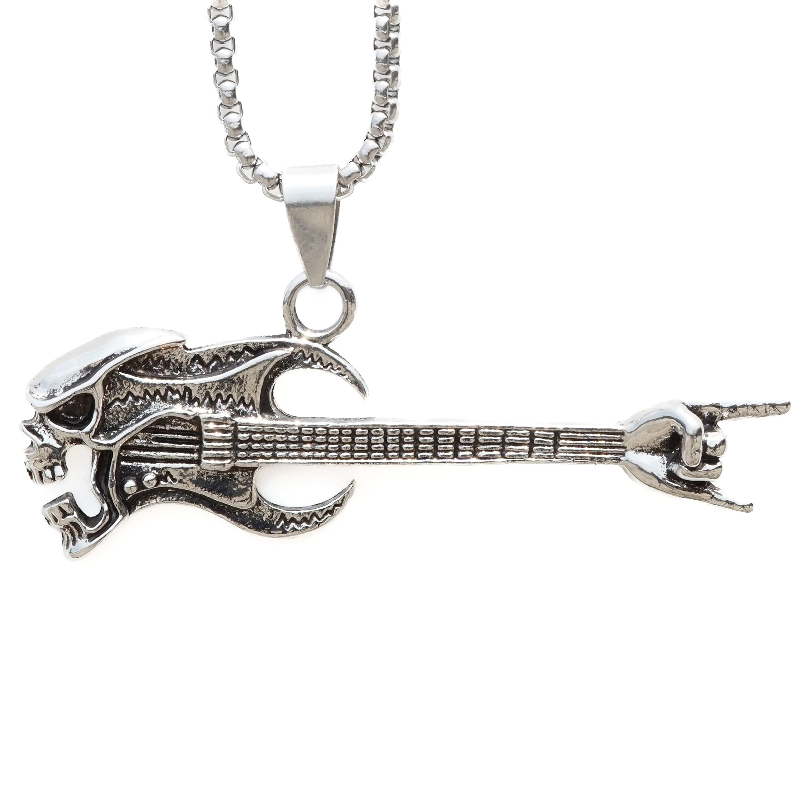 SKULL ROCKING GUITAR - Alloy Pendant with Stainless Steel 24inch Round Box Chain, European trending Style for Men & Boy