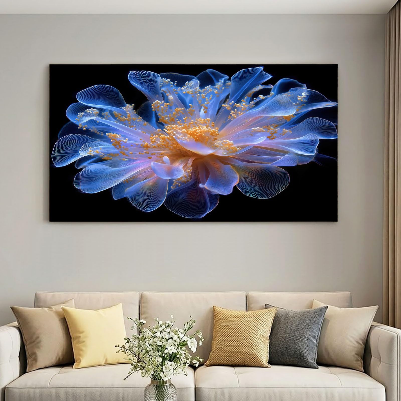 Obraz ścienny bajeczny obraz na płótnie - płótno ścienne 140 x 70 cm druk na płótnie z kwiatem zawilcem, oprawiona sztuka ścienna do salonu i sypialni, dekoracja ścienna, czarny