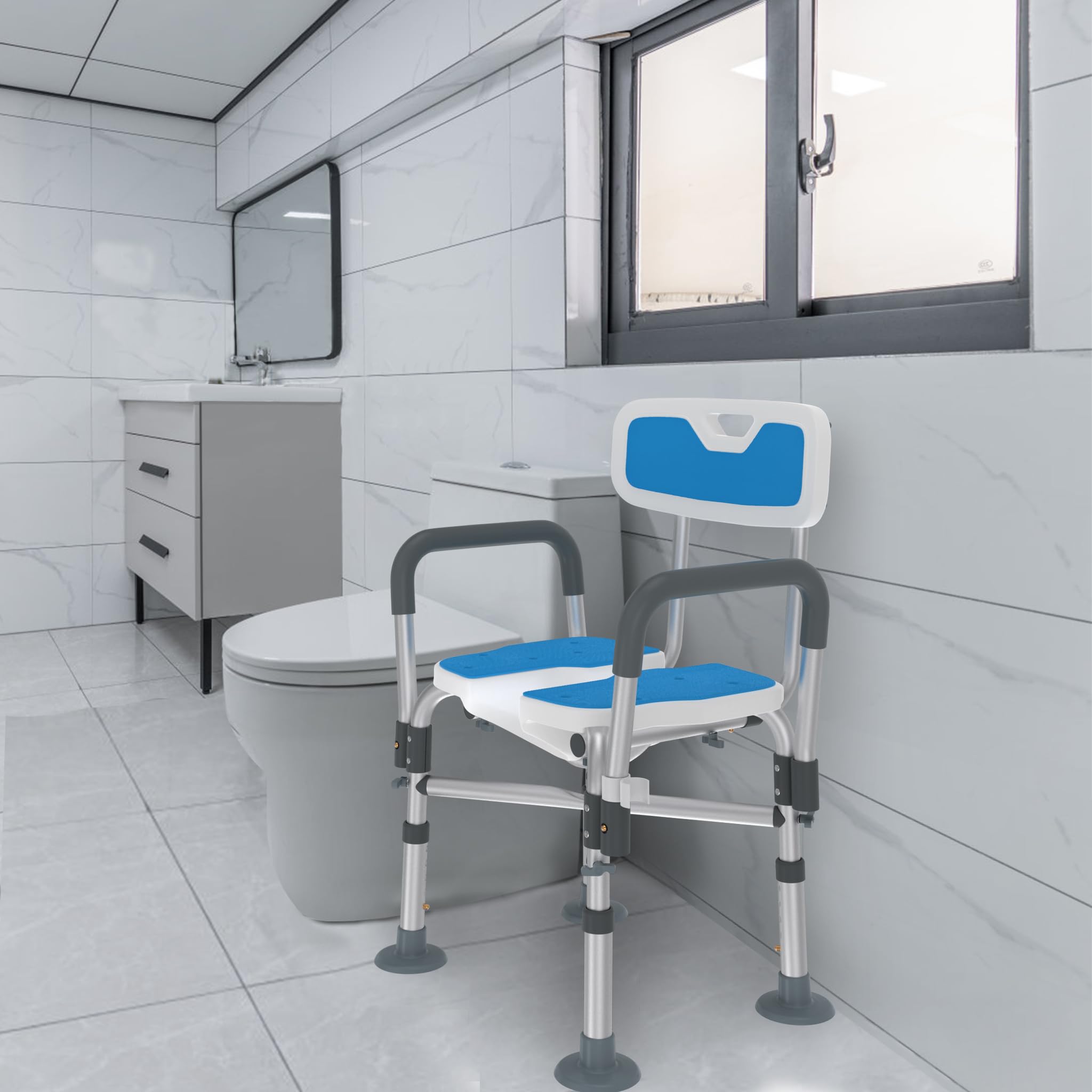Aufun Sgabello da doccia con apertura igienica, sedia da bagno con schienale e braccioli, regolabile fino a 180 kg, con piedini antiscivolo, sedile regolabile in altezza