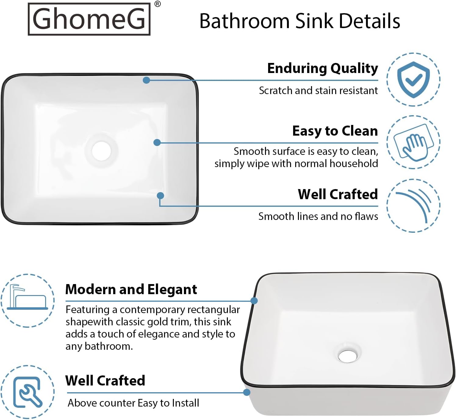 19 Inch Bathroom Vessel Sink Rectangular 19x15 Above Counter Porcelain Sink White with Black Trim White Bathroom Sink Rectangle Large Washing Basin