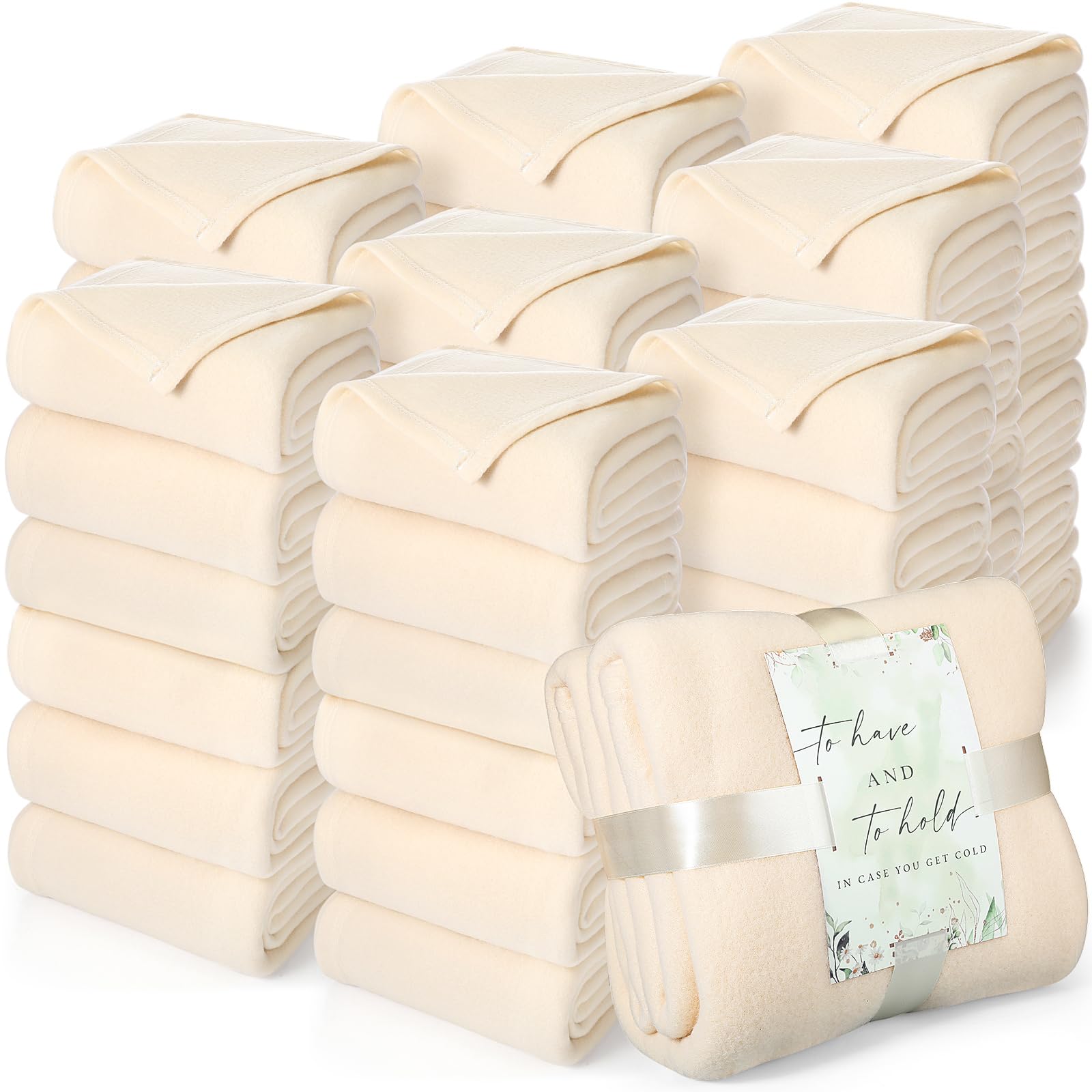 Buryeah 48 Pack Oeko-Tex Certified Wedding Flannel Throw Blanket Bulk 50 x 60 Inch Soft Fleece Lap Blanket with Thank You Cards Ribbon for Guests