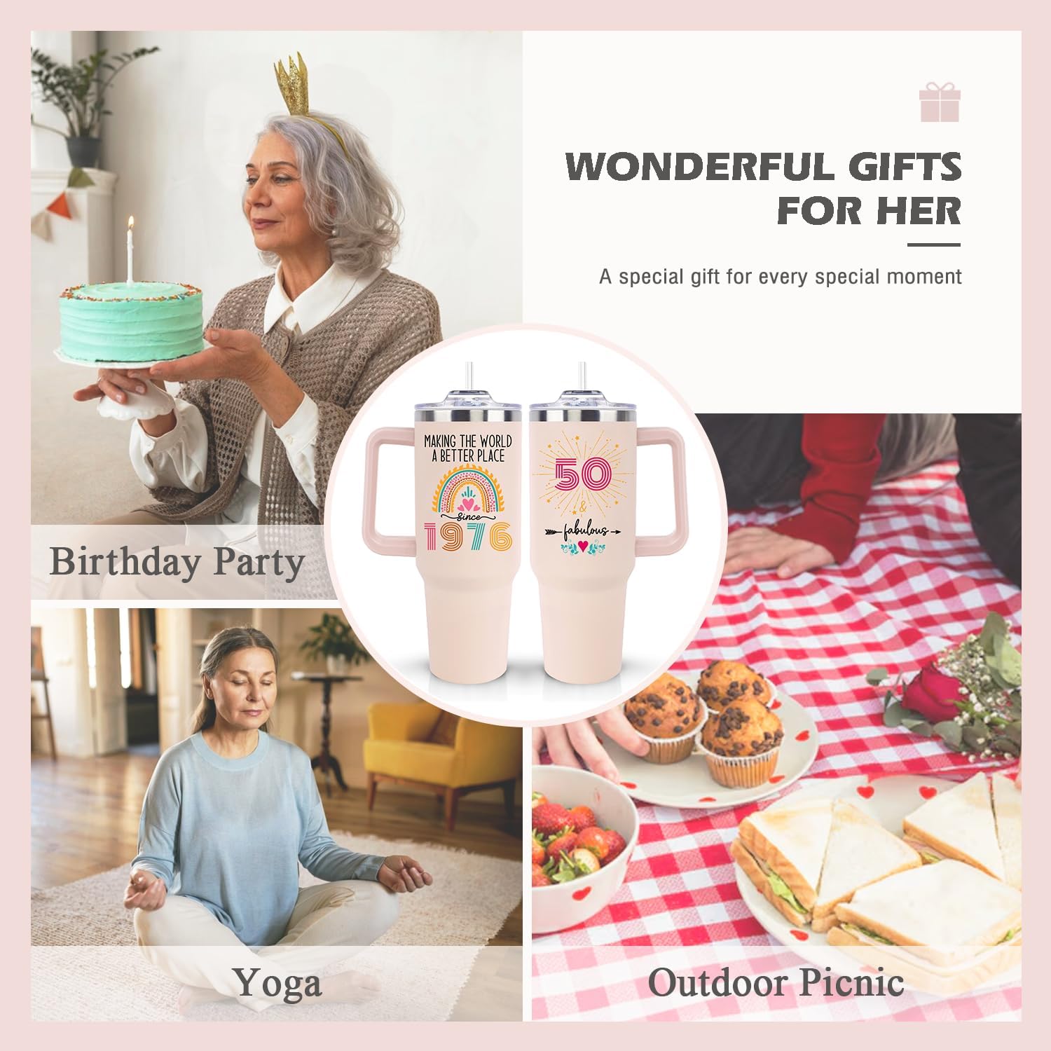 50th Birthday Gifts for Her Women, Cool Cute 1976 50th Birthday Gift for Turning 50 Year Old Woman, 50 and Fabulous Gifts for Women, 50th Birthday Decorations for Her, 40oz Tumbler Coffee Mug - Image 2