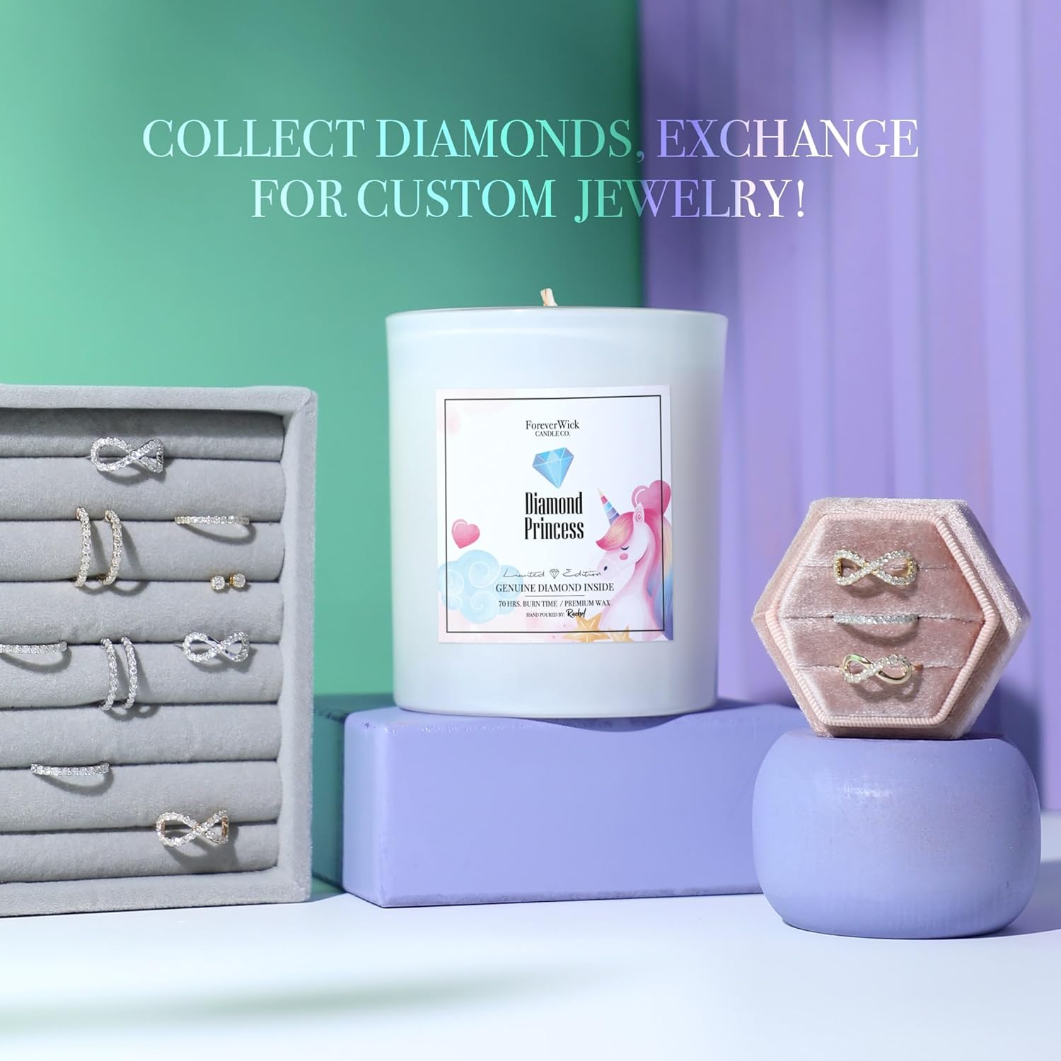 Diamond Princess Candle with Diamond Inside | Foreverwick Candles | Scented Soy Candles Gifts for Women Anniversary Candle | Anniversary Candles All-Natural Organic Soy Candle 14oz | 70h