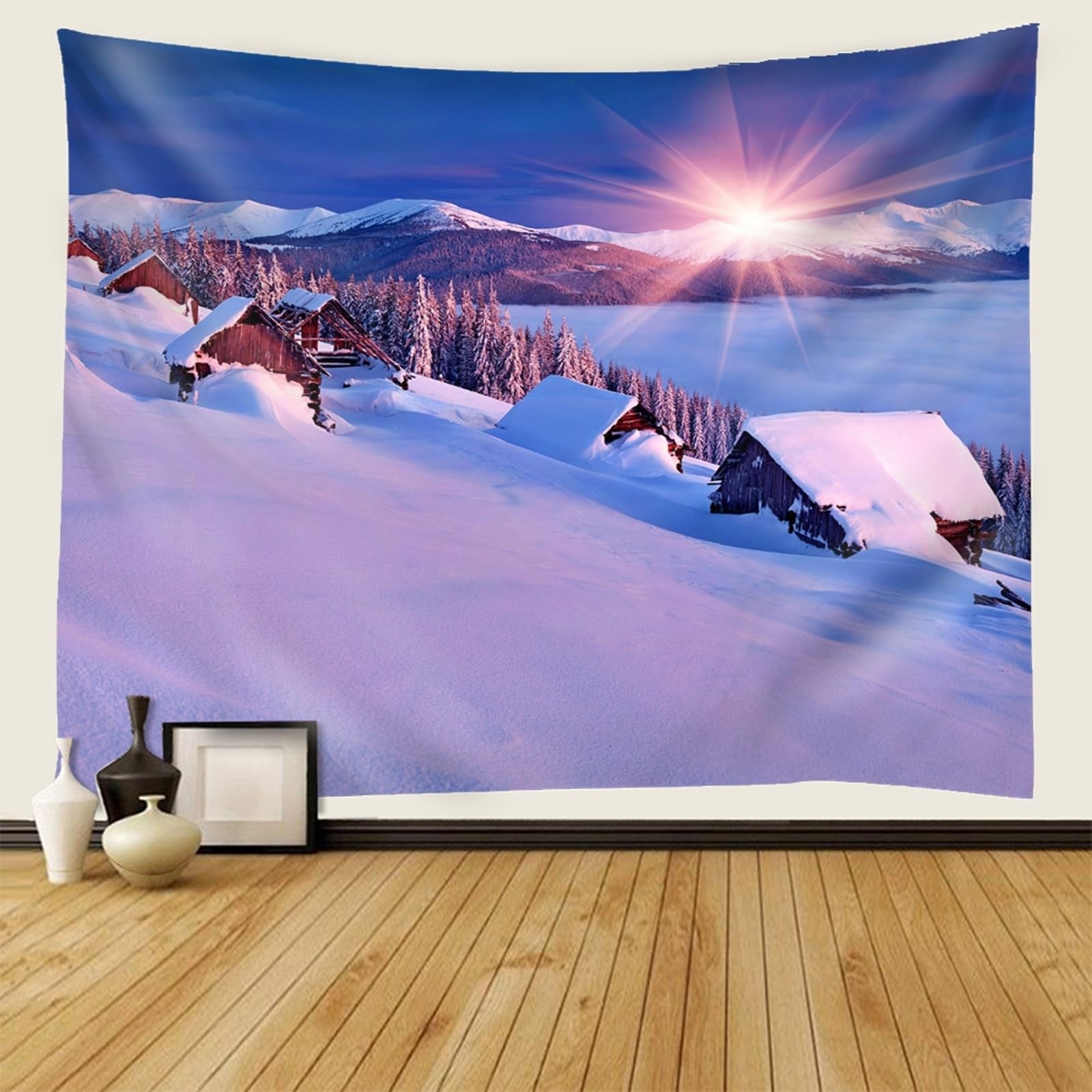 Skcess Gobelin ścienny do salonu poliester, ciemnoniebieski biały pejzaż śnieżny gobelin ścienny do biura 240 x 220 cm