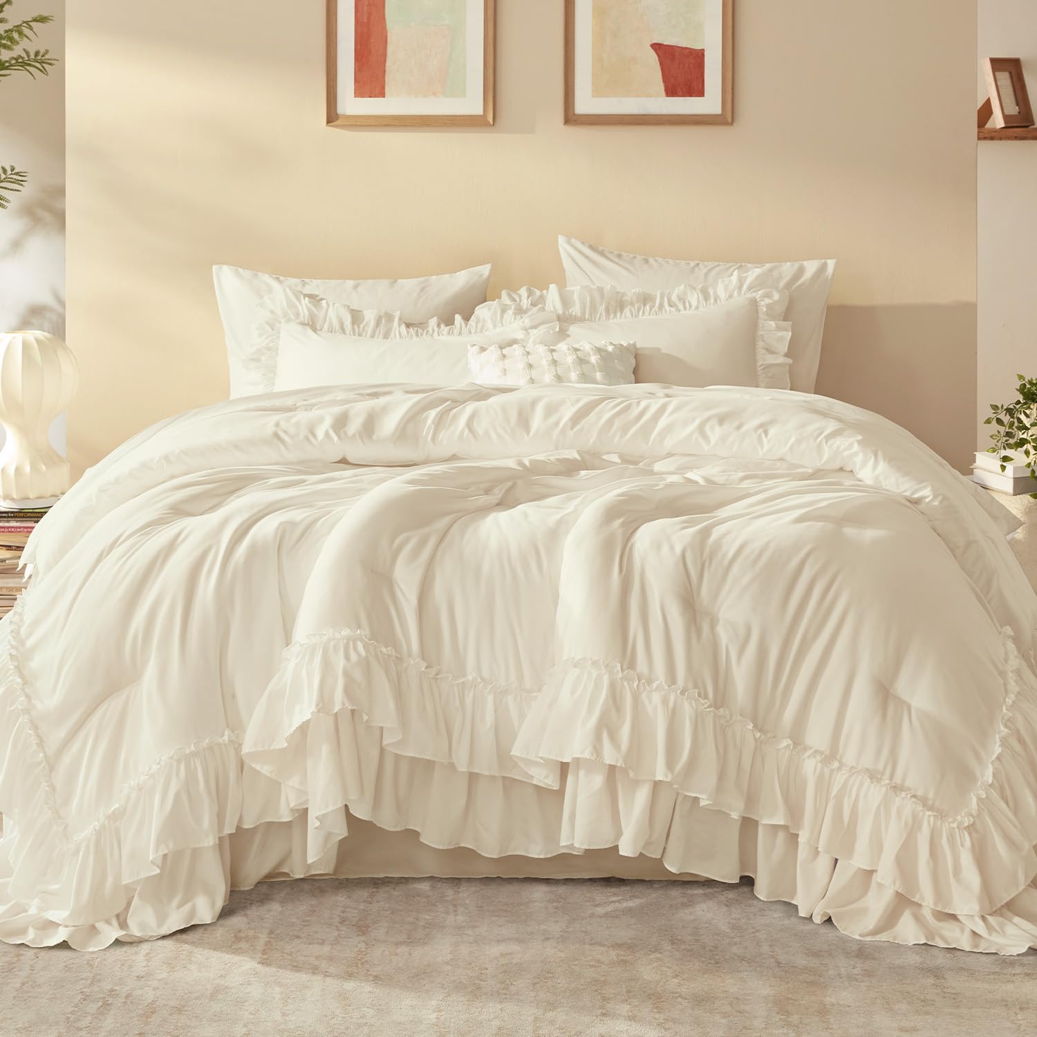 Photo 1 of Litanika Queen Comforter Set, 7-Piece Beige Ruffle Bedding