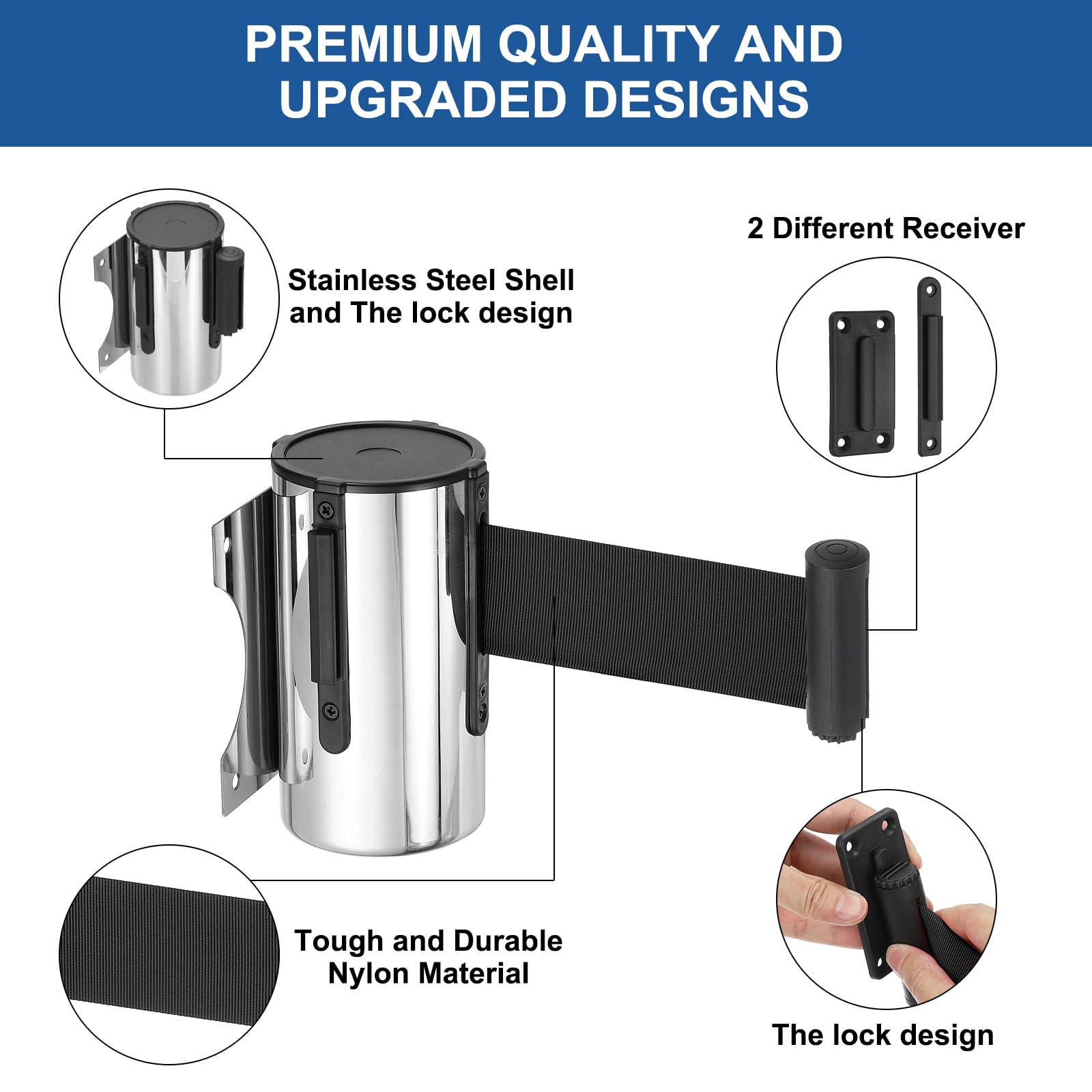 PATIKIL Barrière Murale Fixe Rétractable avec Sangle, Barrière Rétractable Fixe de 16,4 Pieds avec Boîtier en Acier pour le Contrôle de Foule dans Magasins, Stades, Ton Argent/Noir