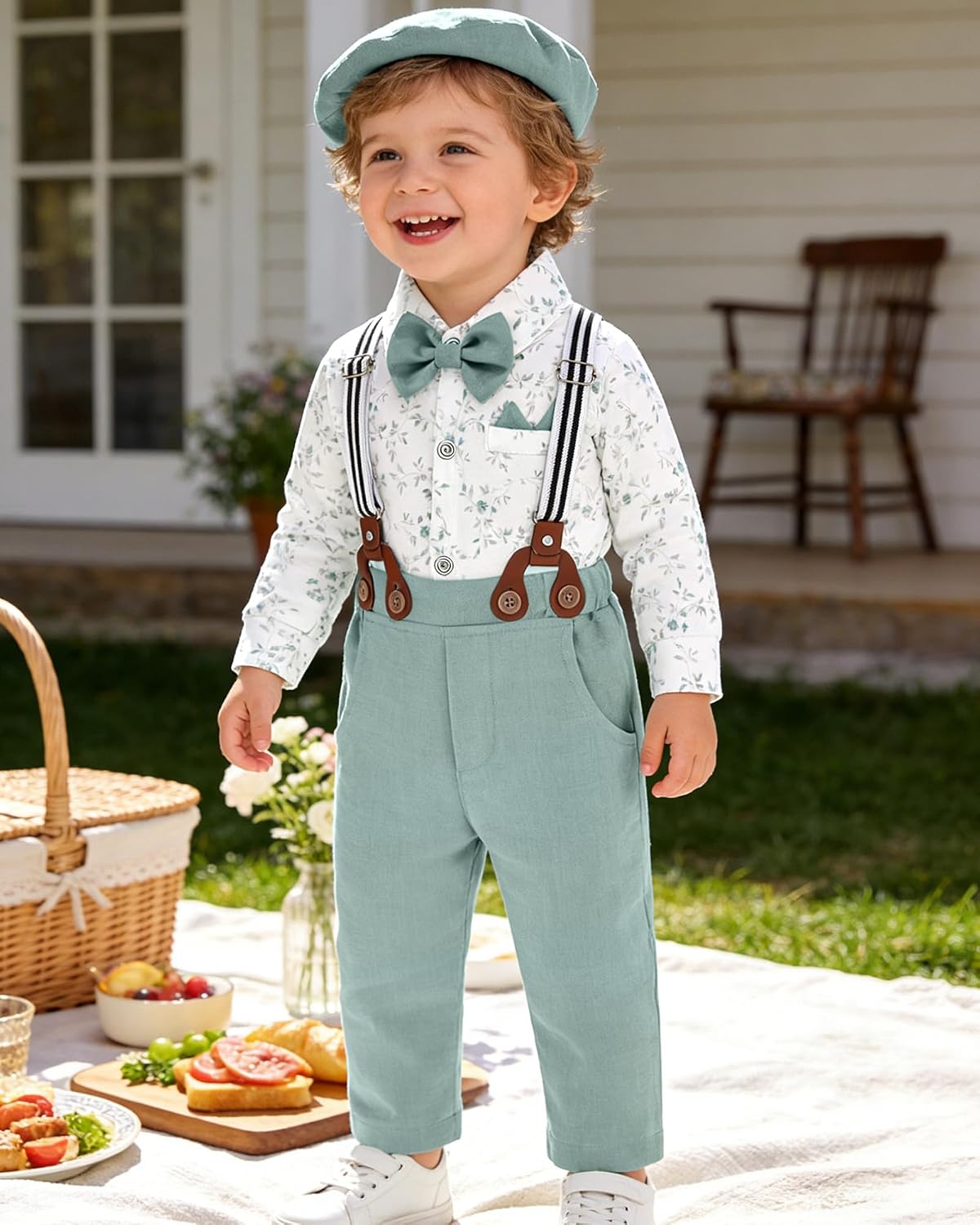 YALLET Baby Boy Outfits Suits Infant Formal Dress Clothes Gentleman Wedding Print Shirt+Beret Hat+Suspender Pants+Bowtie