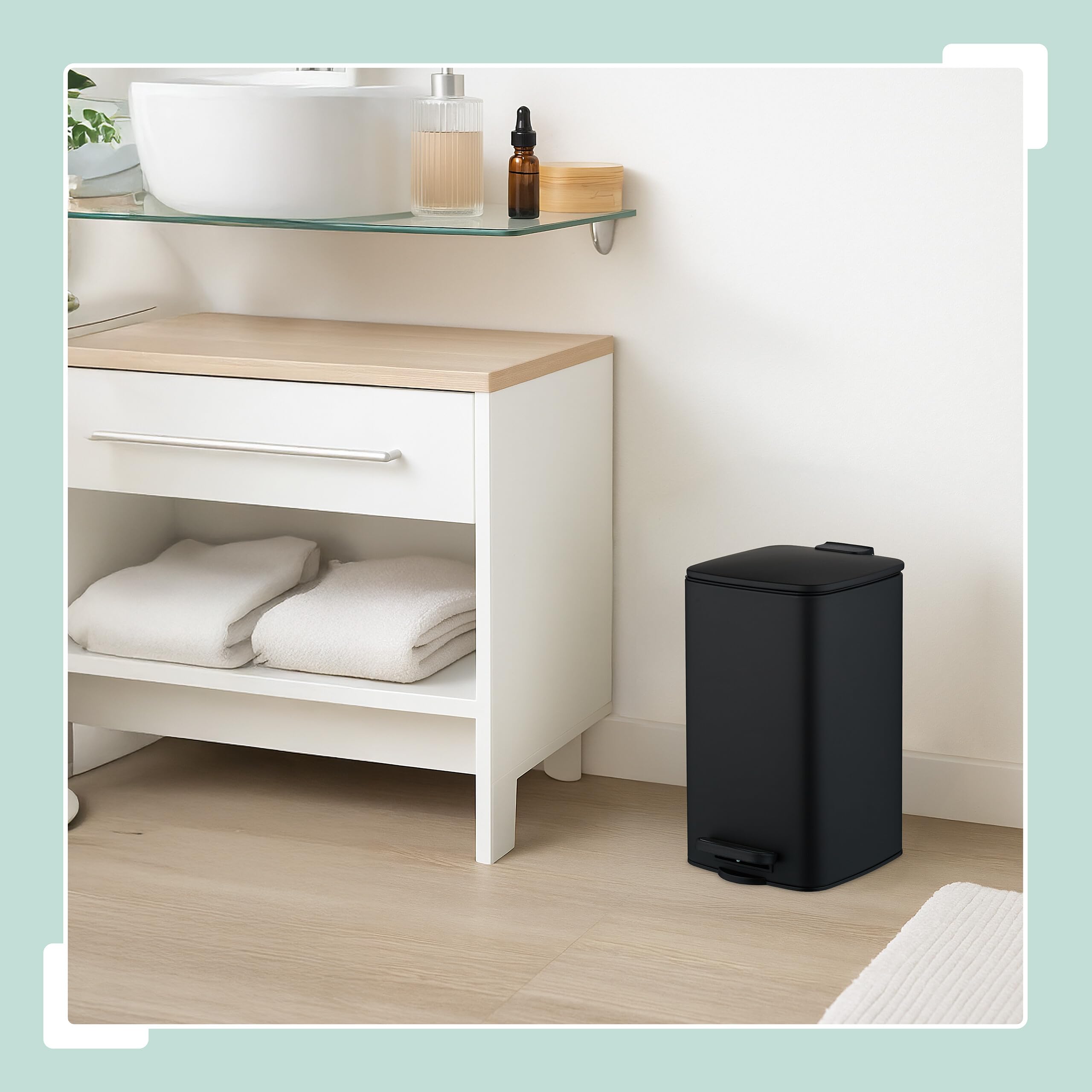 Relaxdays Cubo de Basura Baño, 8 litros, Cierre Automático, Papelera Interior Extraíble, Metal, Tapa y Bolsas, Negro
