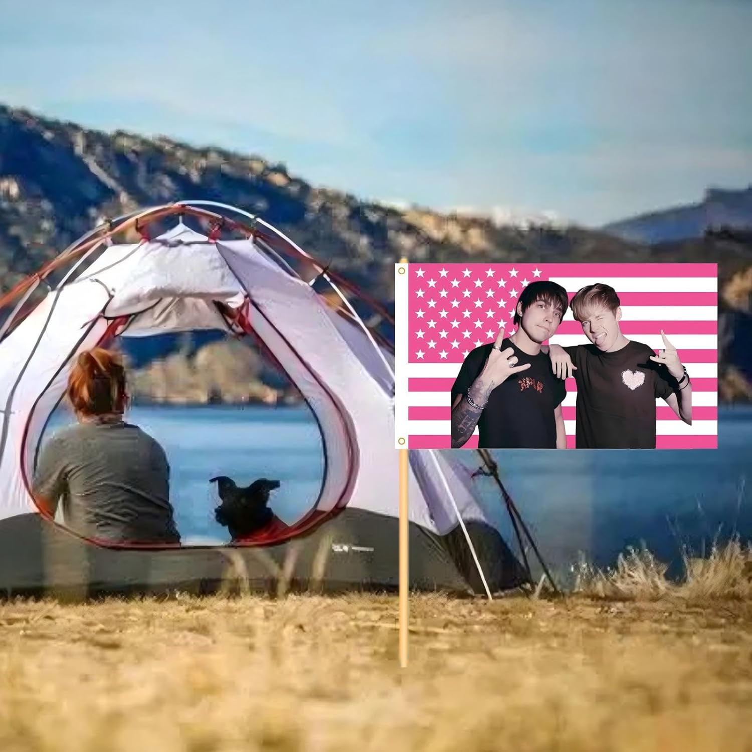 WENWELL Sam and Colby American Flag Wall Tapestry, Pink and White Stars and Stripes Design, Polyester Banner with Brass Grommets, 3x5 Feet, for College Dorm Room, Bedroom - Image 7