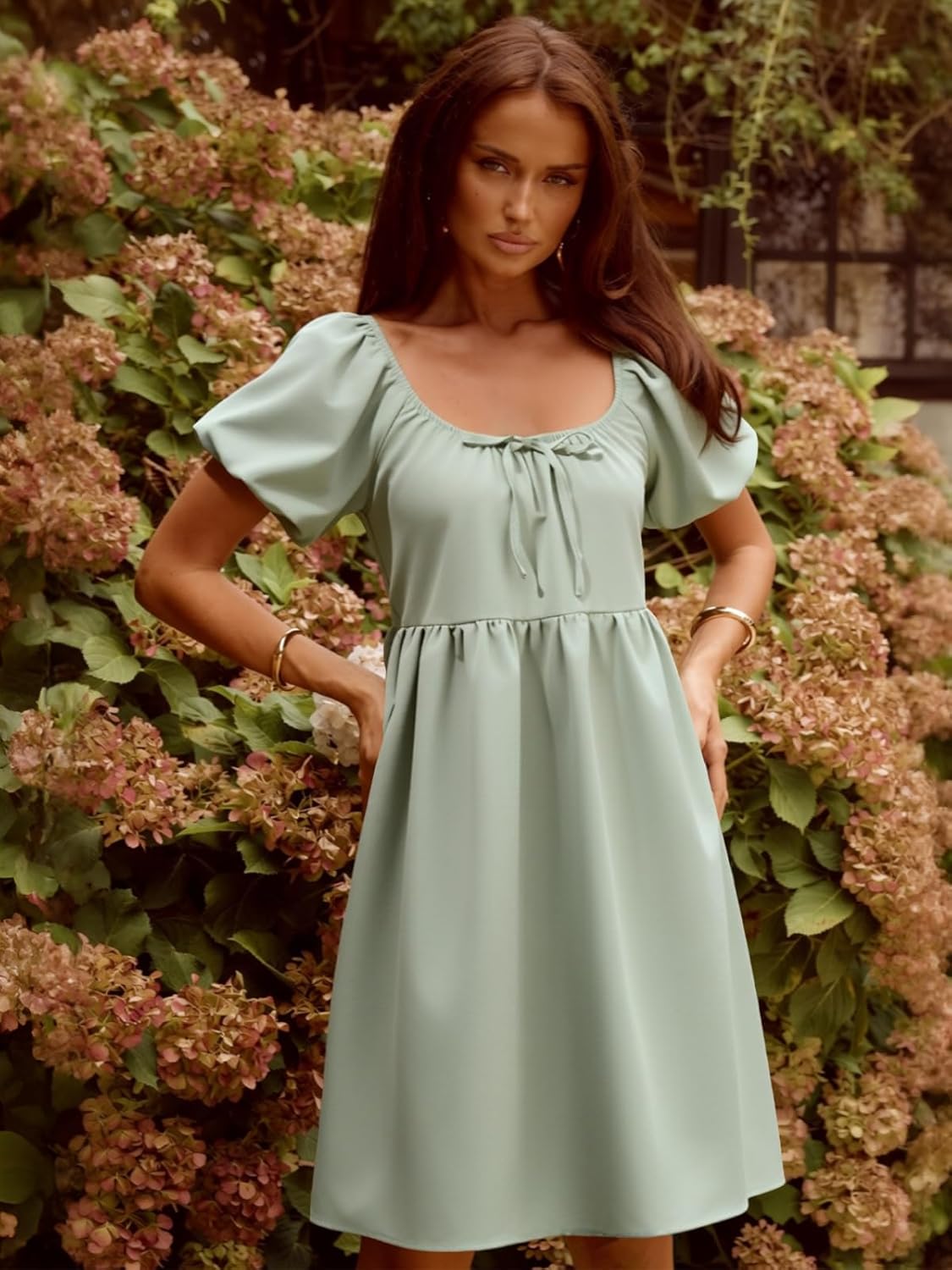 YUNDAI Women’s Puff Sleeve Babydoll Mini Dress Square Neck Casual Short Dress Green - Image 4