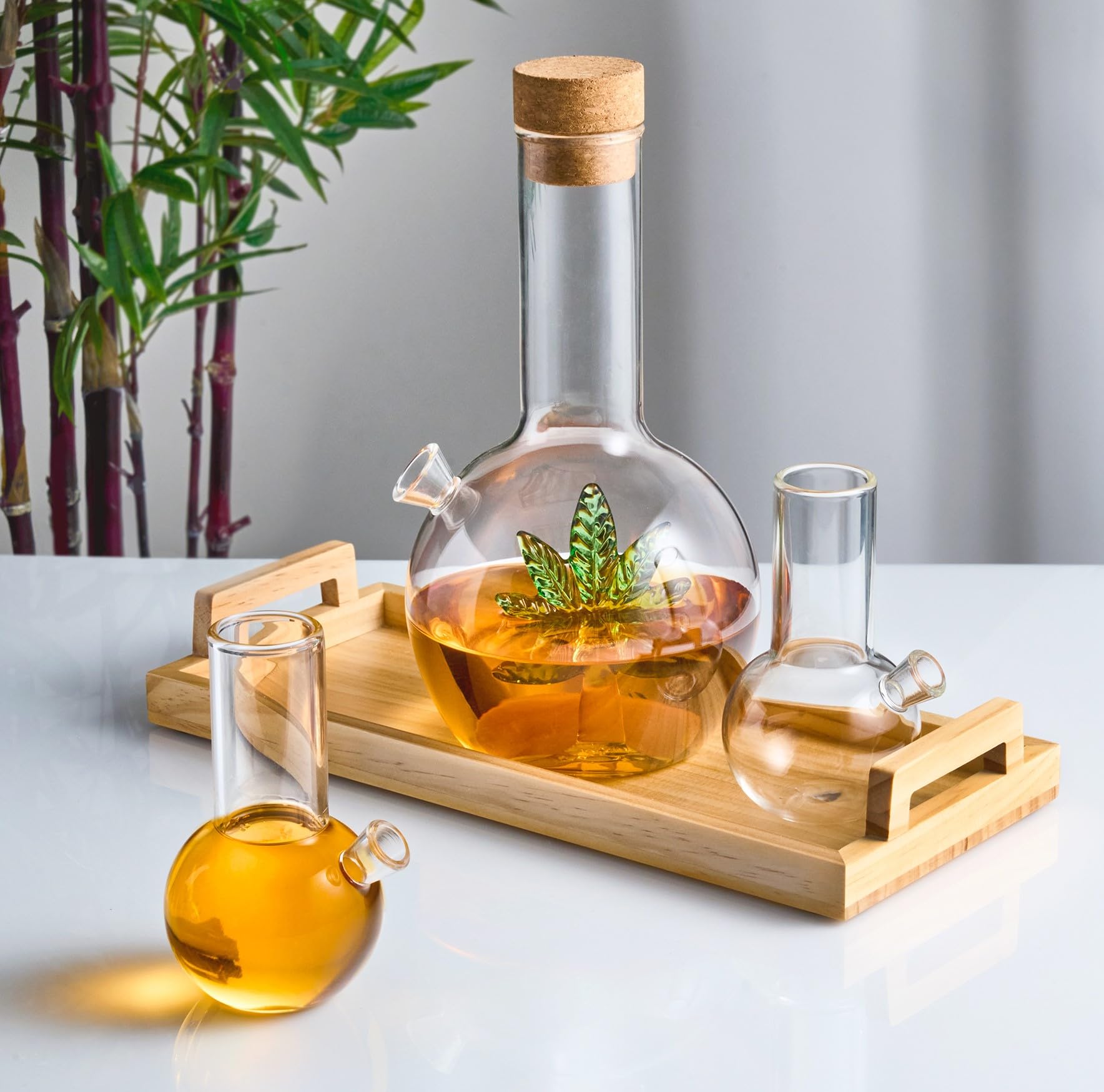 Godinger Whiskey Decanter, Green Leaf Whiskey Decanter with Whiskey Glasses, Shot Glasses, Whiskey Gifts