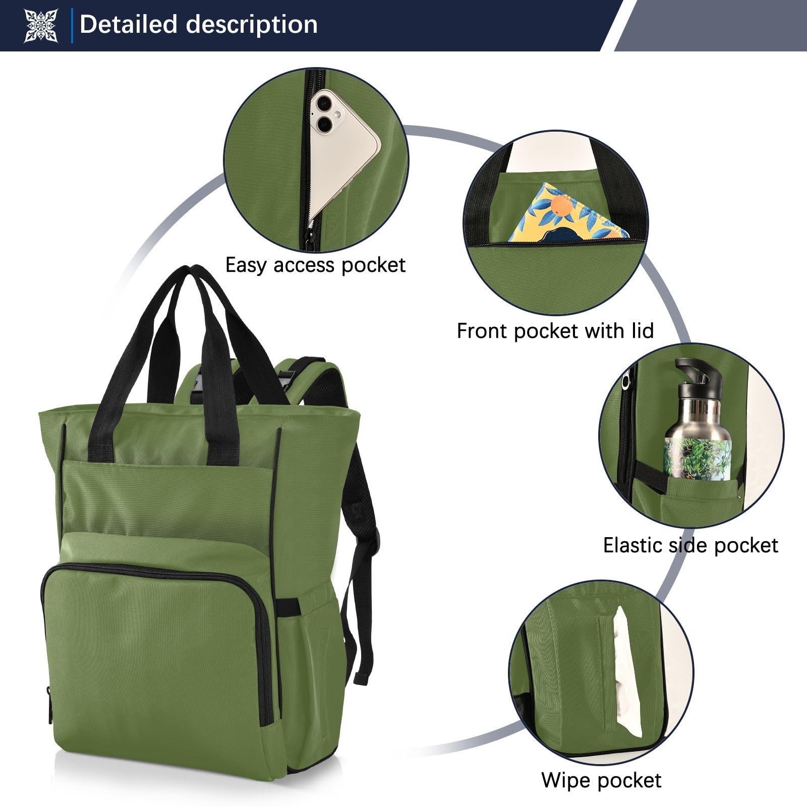 Mochila pañalera para mamás y papás, color verde oliva oscuro, color liso