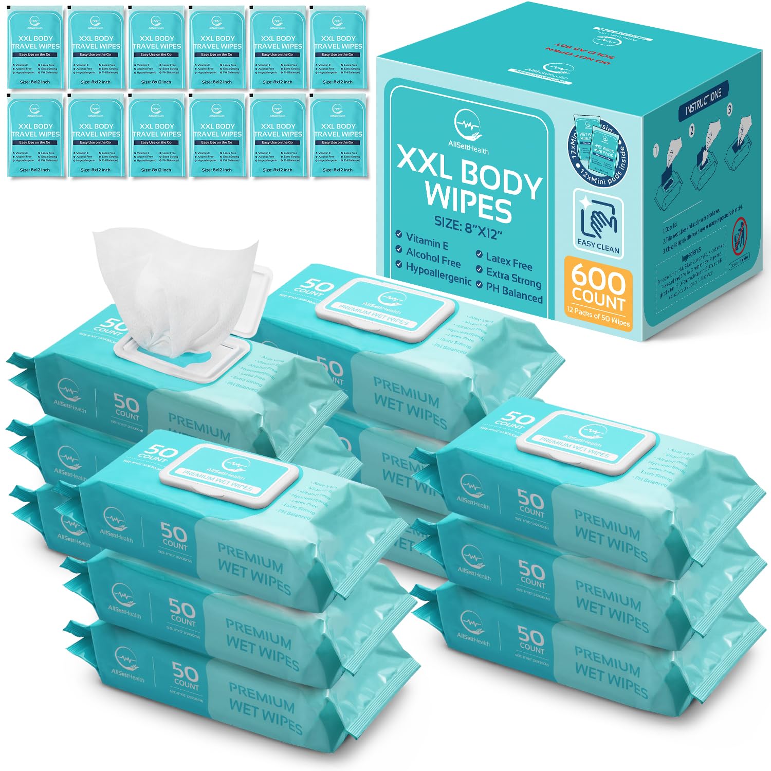 Body Wipes for Adults - XL Wet Wipes 8" x 12" (600 count) | Rinse Free Bathing Wipes - Wash Cloths for incontinence, Disposable Washcloths with Aloe Vera and Vitamin E - Camping, Elderly, Bathing