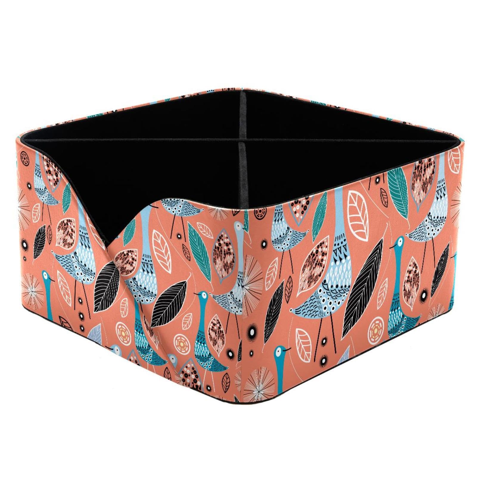 KengjuTesu Leaves and Birds Colorful Pattern Desktop Organizer Pen Holder, Rectangular Pencil Cup for Office, Study and Makeup Stations