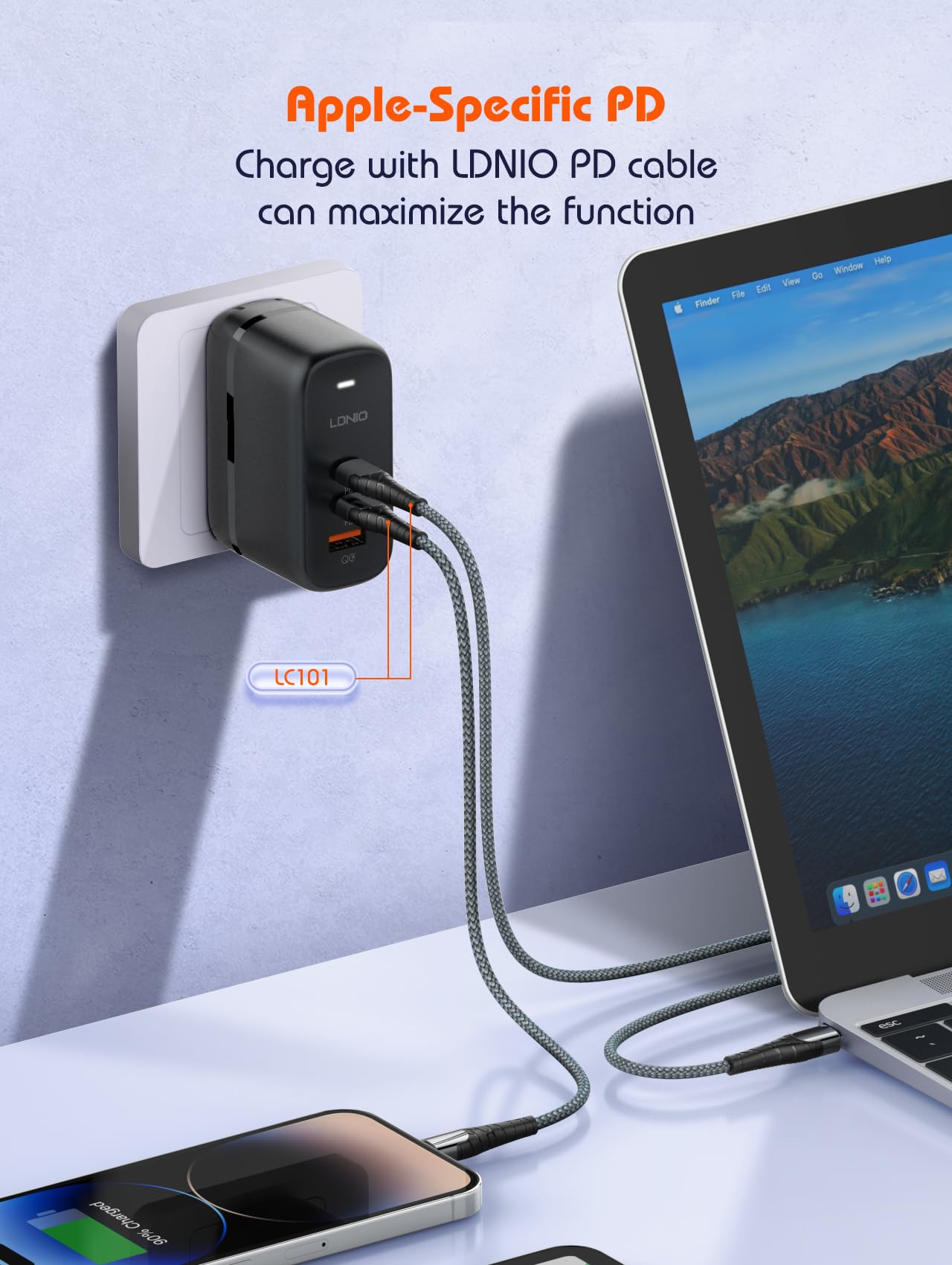 MANTO Chargeur Rapide GaN 65W avec Adaptateur Voyage 3-en-1 (US/UK/EU), 3 Ports 2C1A, PD3.0 & QC3.0, Compatible MacBook, iPhone 17, Samsung Galaxy