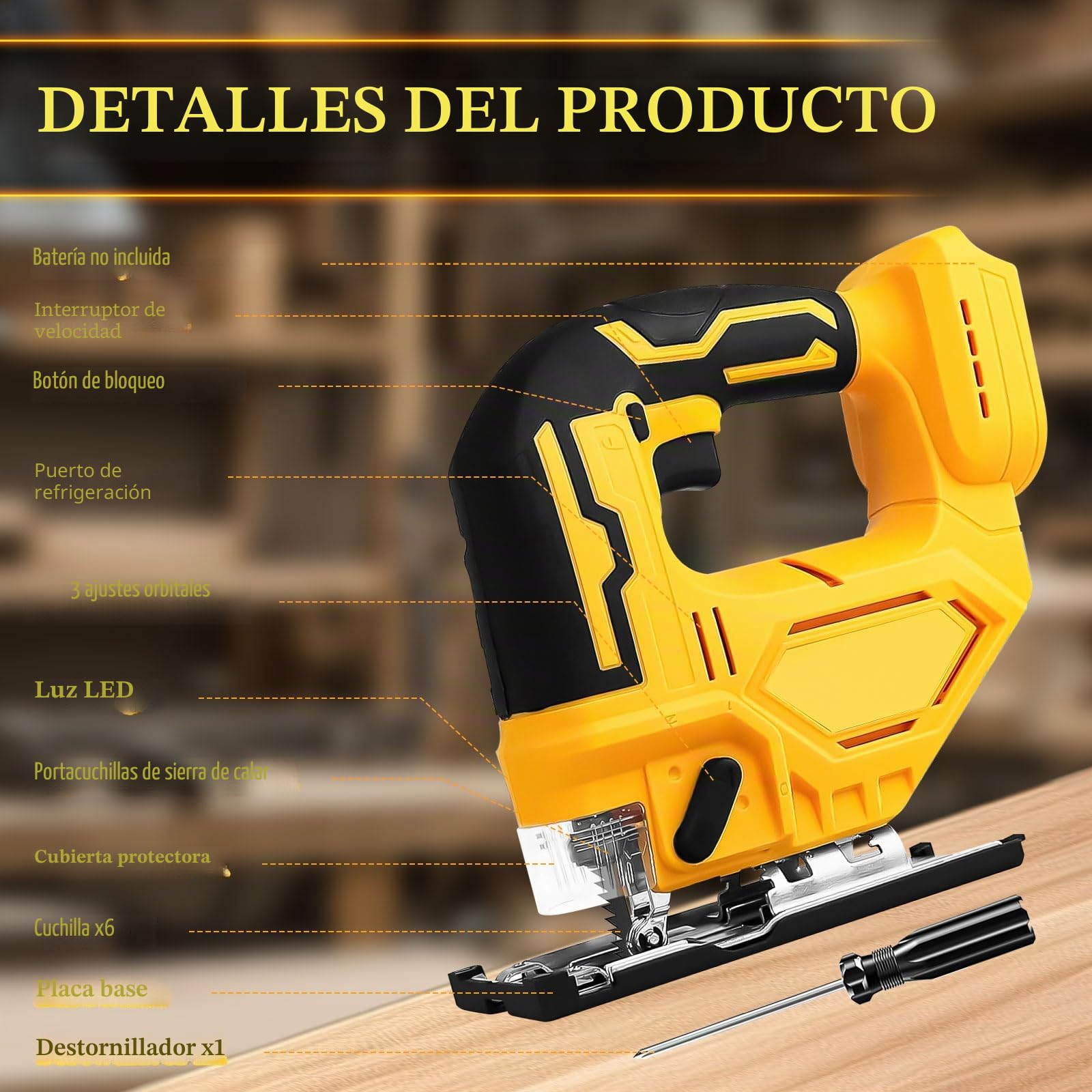 Sierra de calar eléctrica inalámbrica para Dewalt, 400 W, 2900 rpm, corte biselado a 45°, 3 ajustes orbitales con 6 cuchillas de repuesto, para metal, PVC, madera contrachapada de PVC (para DeWalt)