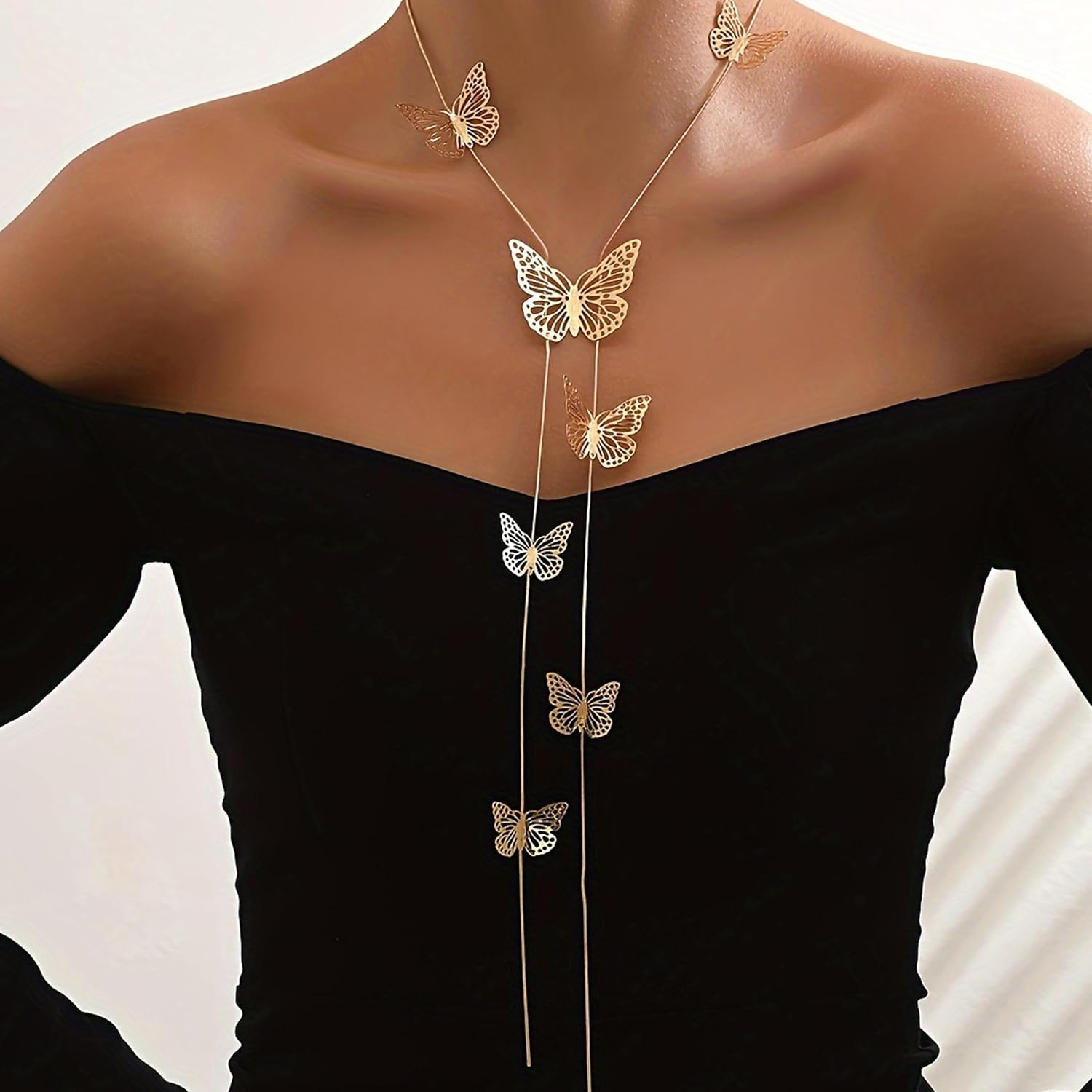 Long Gold Necklace for Women Butterfly Flower Chunky Lariat Y Shaped Dainty Statement Pendant Necklace Trendy Birthday Jewelry Accessories Gifts