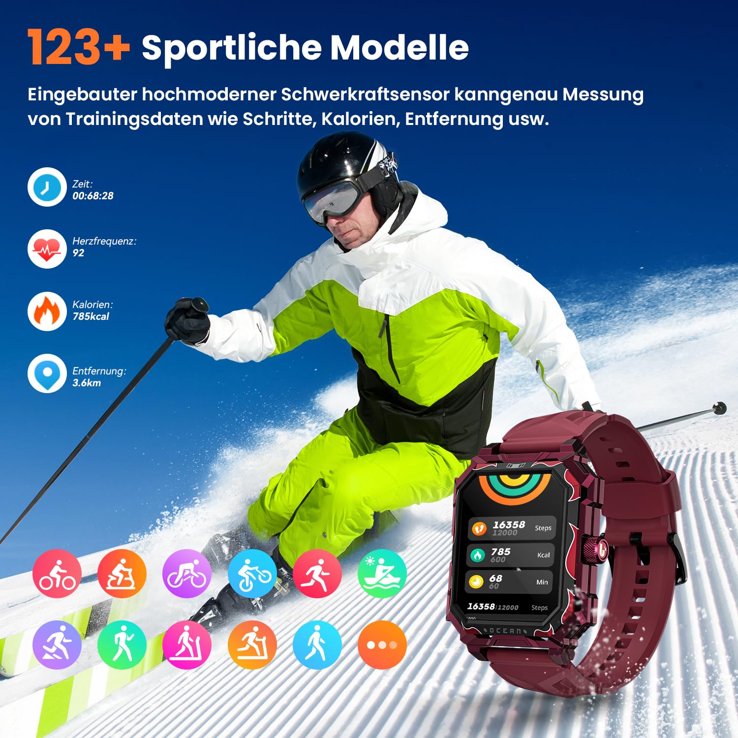 Smartwatch męski z funkcją telefonu 1,96", wojskowy smartwatch 680 mAh, tracker aktywności fizycznej, IP69, wodoszczelny, zegarek sportowy, Smart Watches z monitorem tętna, monitorem snu, do systemu