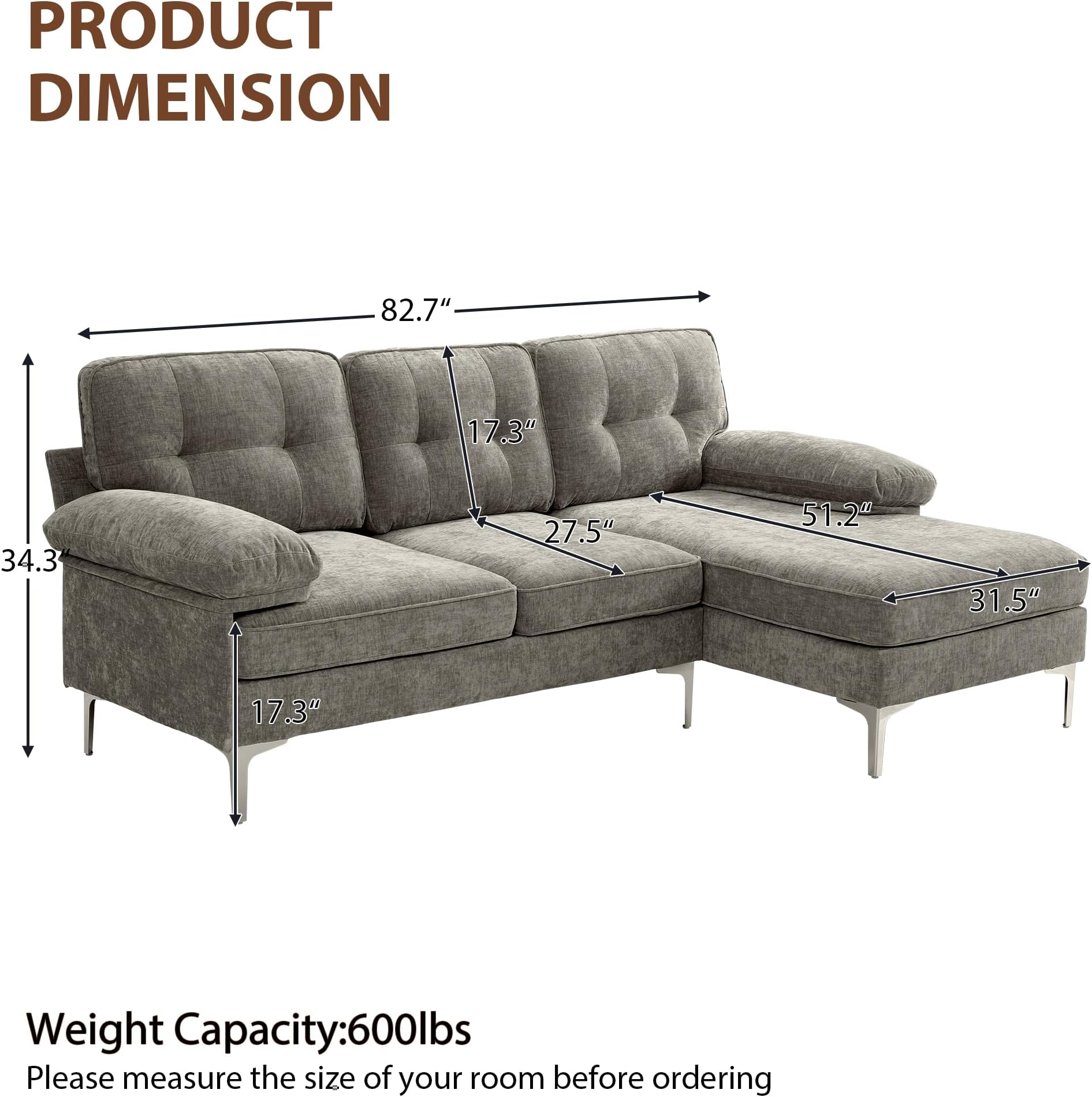 82" Chenille L Shaped Sectional Couches for Living Room, 3 Seater Comfy Modular Sofa with Chaise for Small Spaces,Mid Century Modern,Deep Seat,Grey