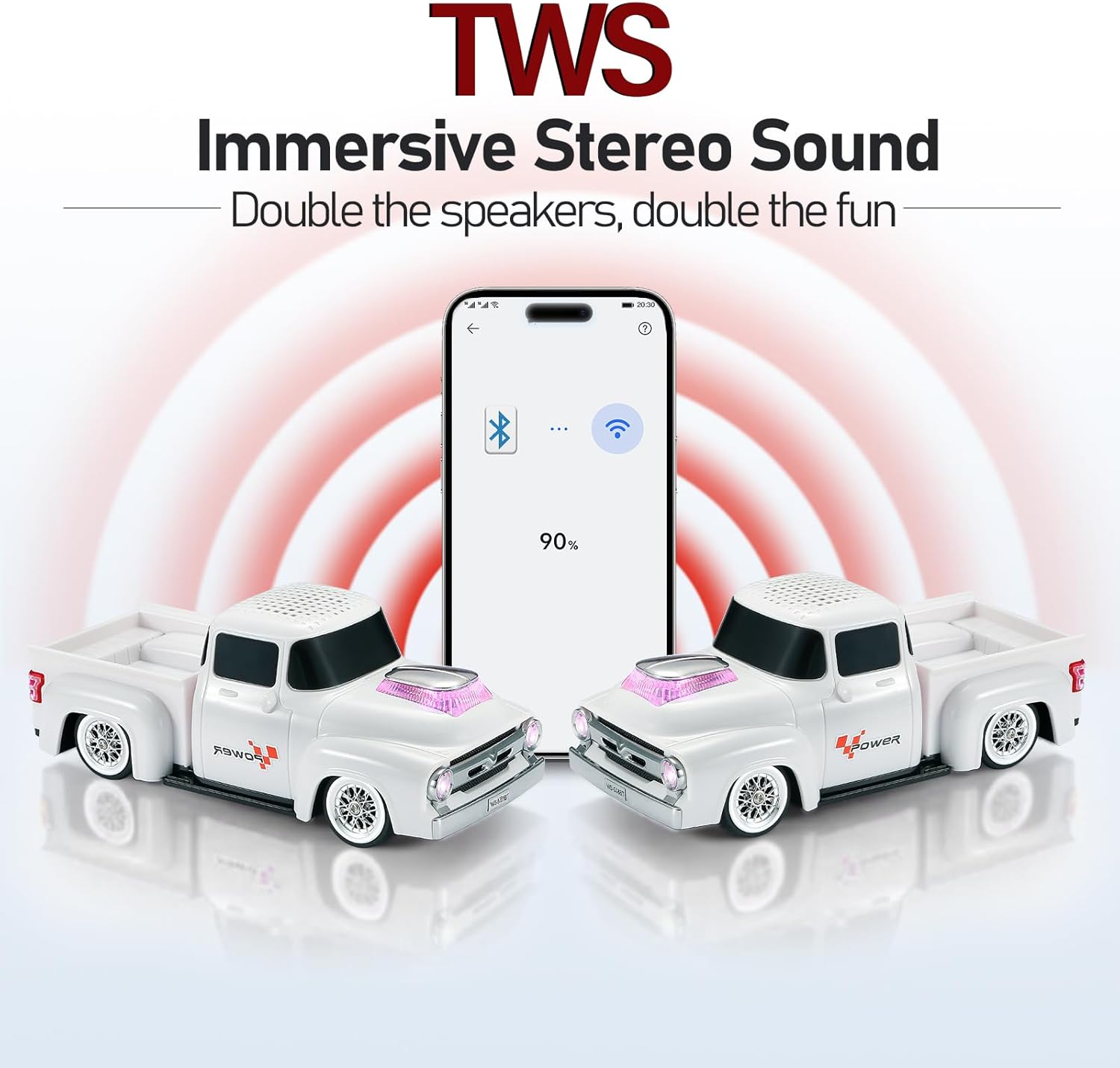 WSTER Retro Truck Bluetooth Speaker Car – Portable Bluetooth Speakers with FM Radio, TWS Stereo Pairing, LED Party Lights, USB/TF/AUX Playback, Cool Car-Themed Gift for Men(White)