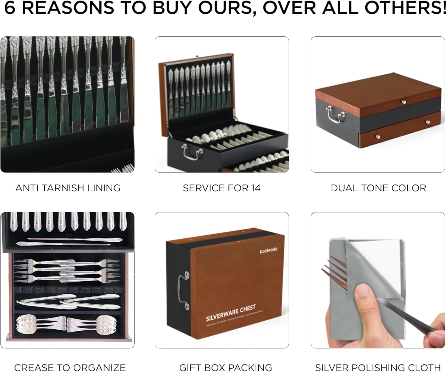 boldworks Silverware Storage Box Silverware Chest Case for Silver Flatware with Lid Tarnish Proof Felt Lined Partition and Drawer Holds Service for 14 Includes Polishing Cloth - Image 6